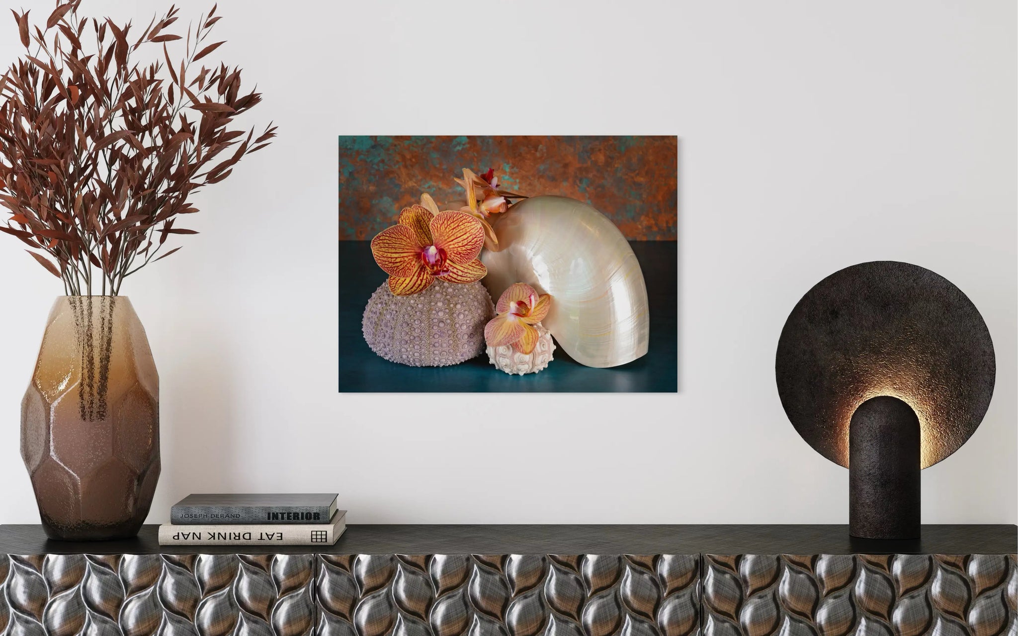 Tropical glass print featuring a pearl nautilus, sea urchins and colorful orchids, modern decor.