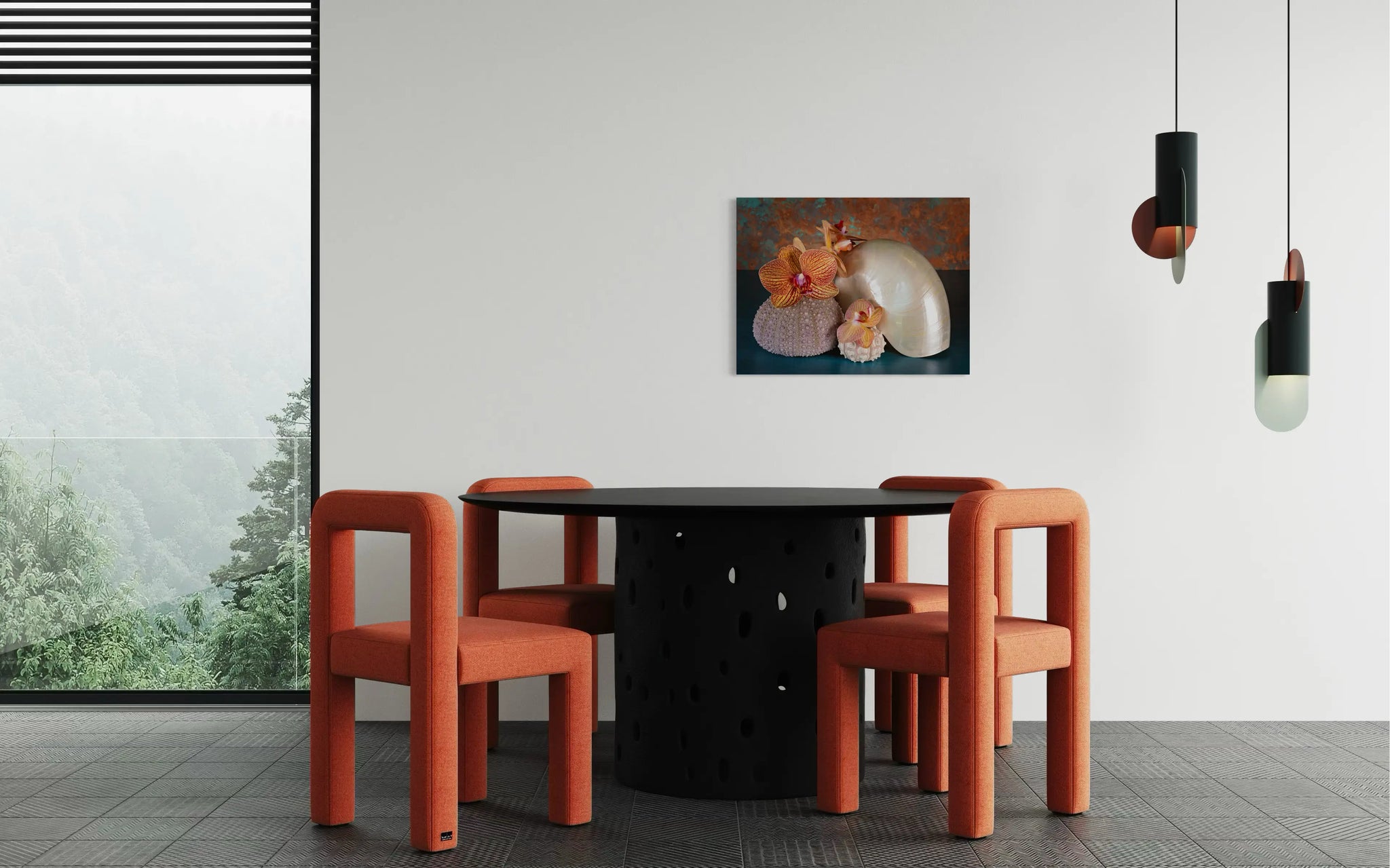 Glass print of orchids, pearl nautilus and sea urchins in modern coastal decor.