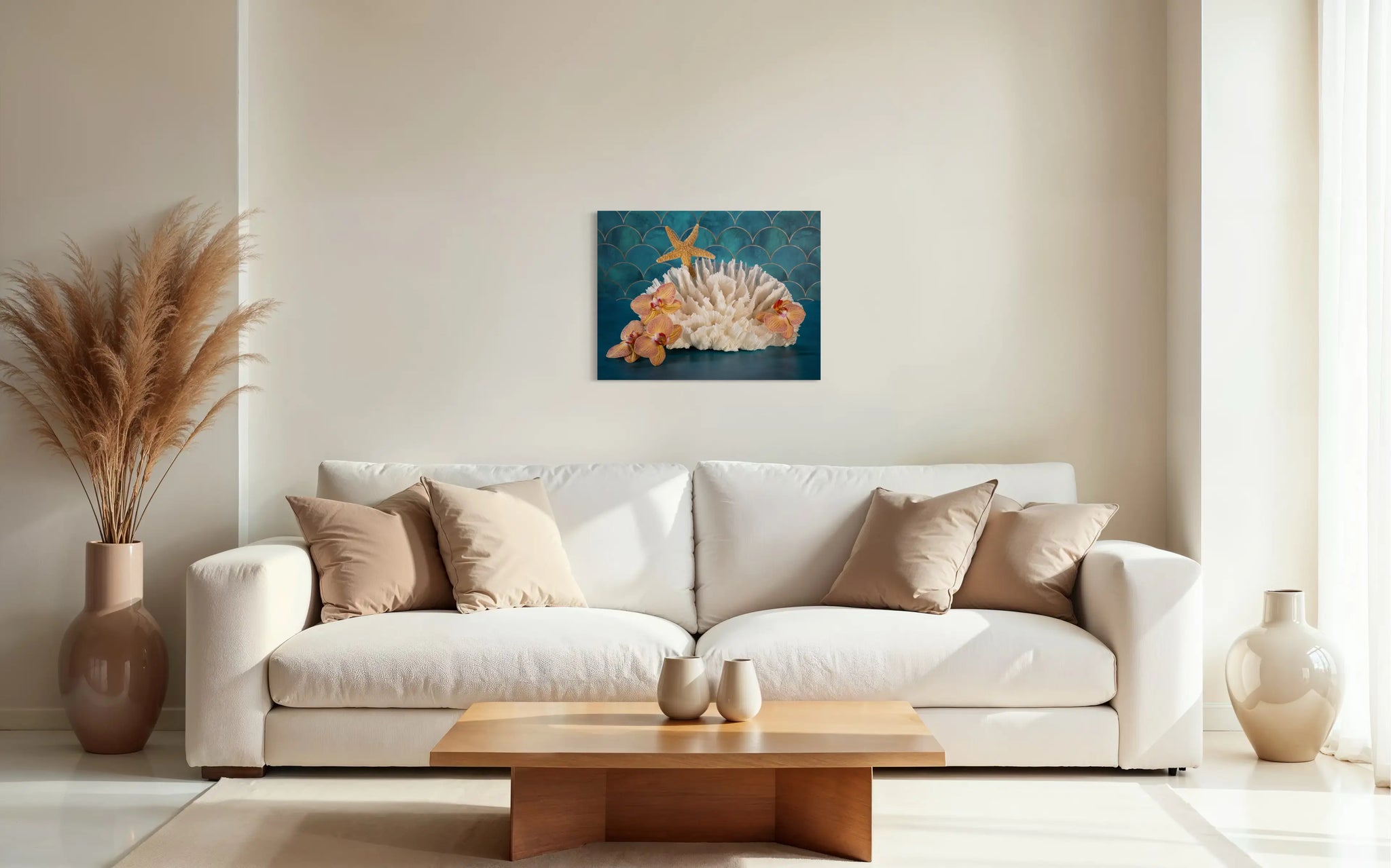 Vibrant tropical glass print of orchids, poca coral and a starfish on a colorful blue background that evokes the sea in coastal living decor.