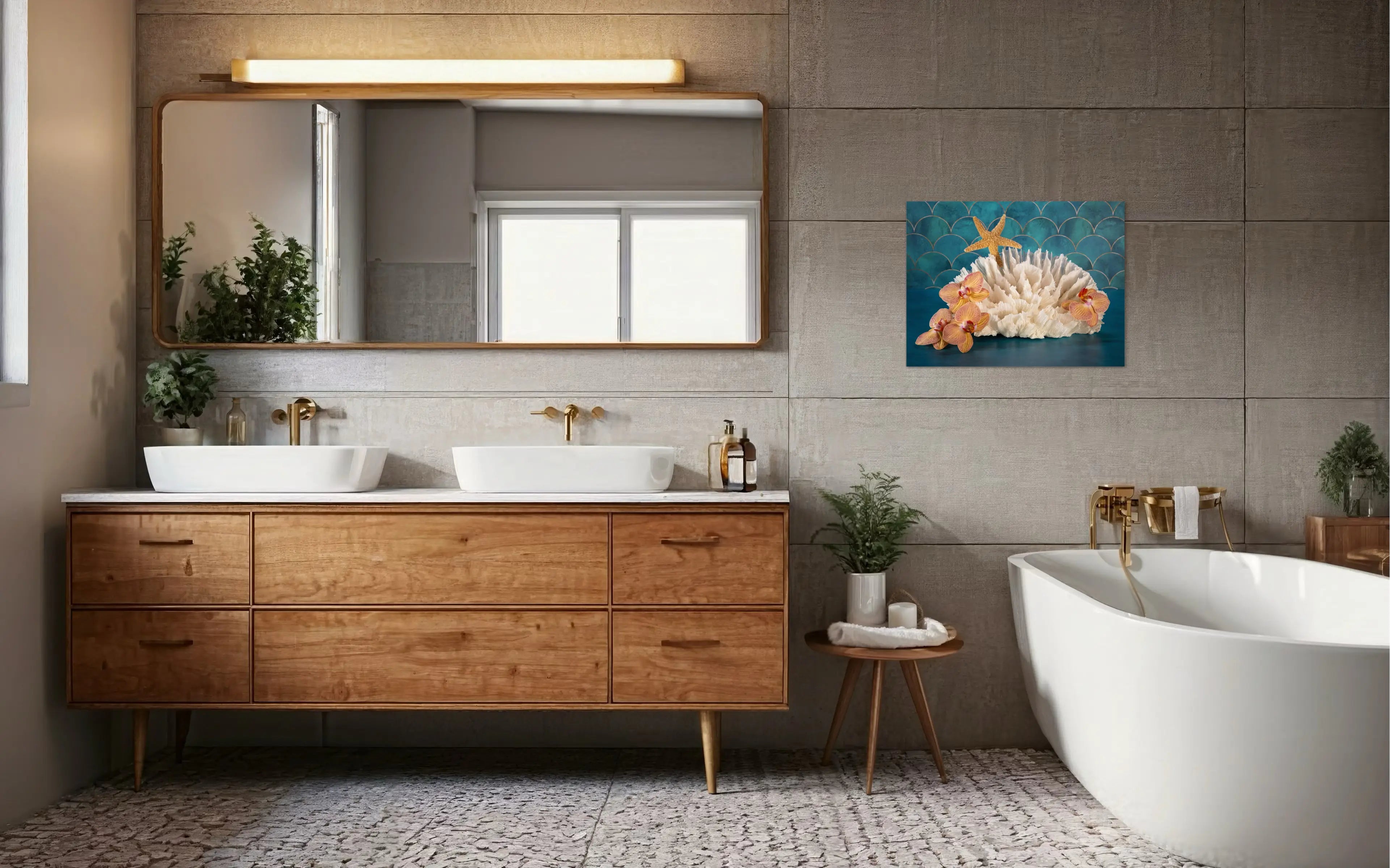 Vibrant tropical glass print of orchids, poca coral and a starfish on a colorful blue background that evokes the sea in coastal decor bathrooms.