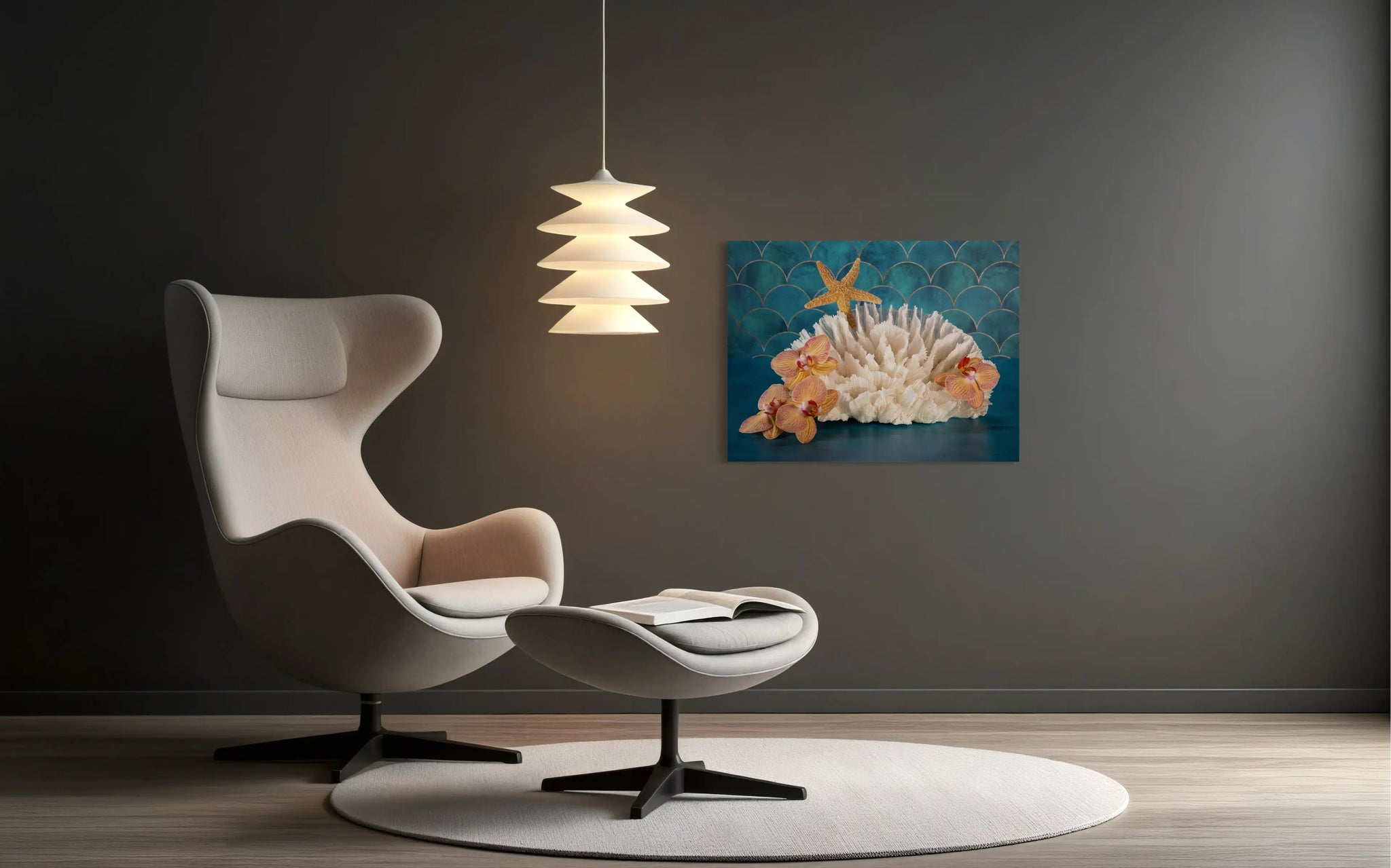 Vibrant tropical glass print of orchids, poca coral and a starfish on a colorful blue background that evokes the sea in modern coastal decor.