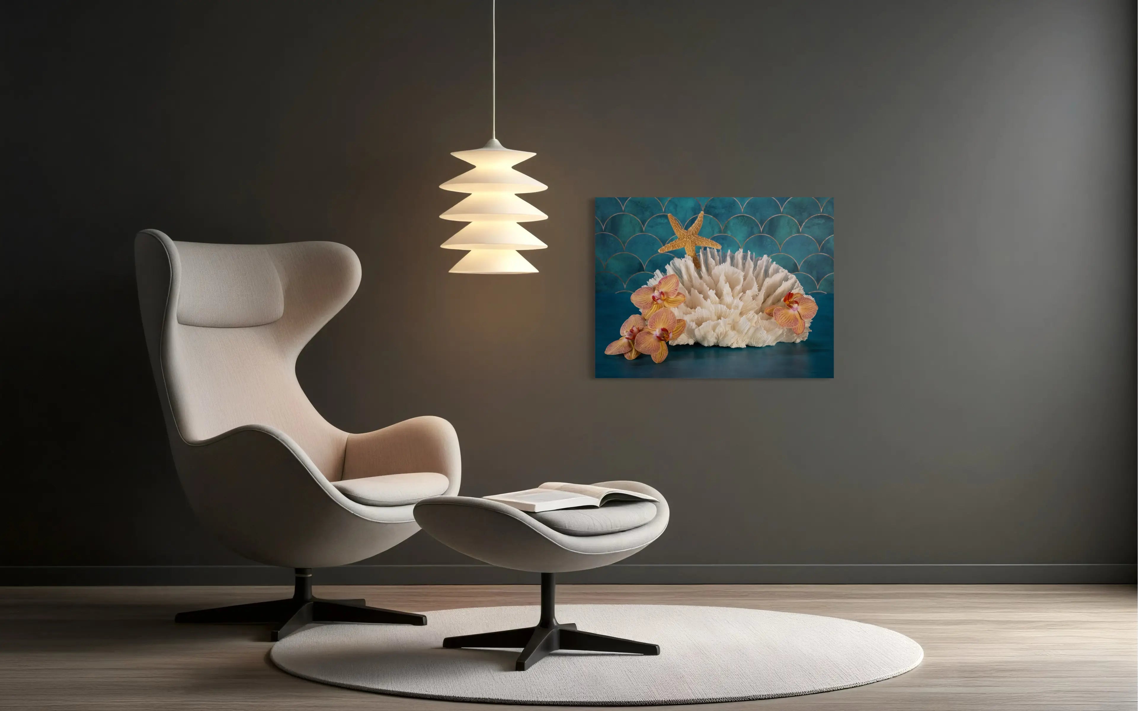 Vibrant tropical glass print of orchids, poca coral and a starfish on a colorful blue background that evokes the sea in modern coastal decor.