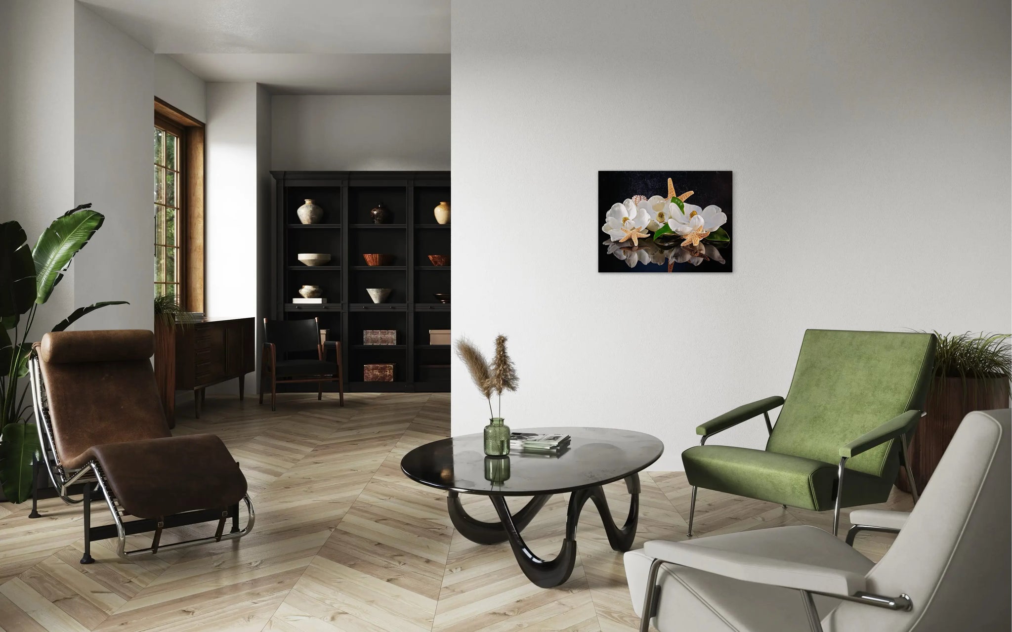 Glass print of 3 magnolia blossoms, starfish and sea urchins on reflective black background, modern living room