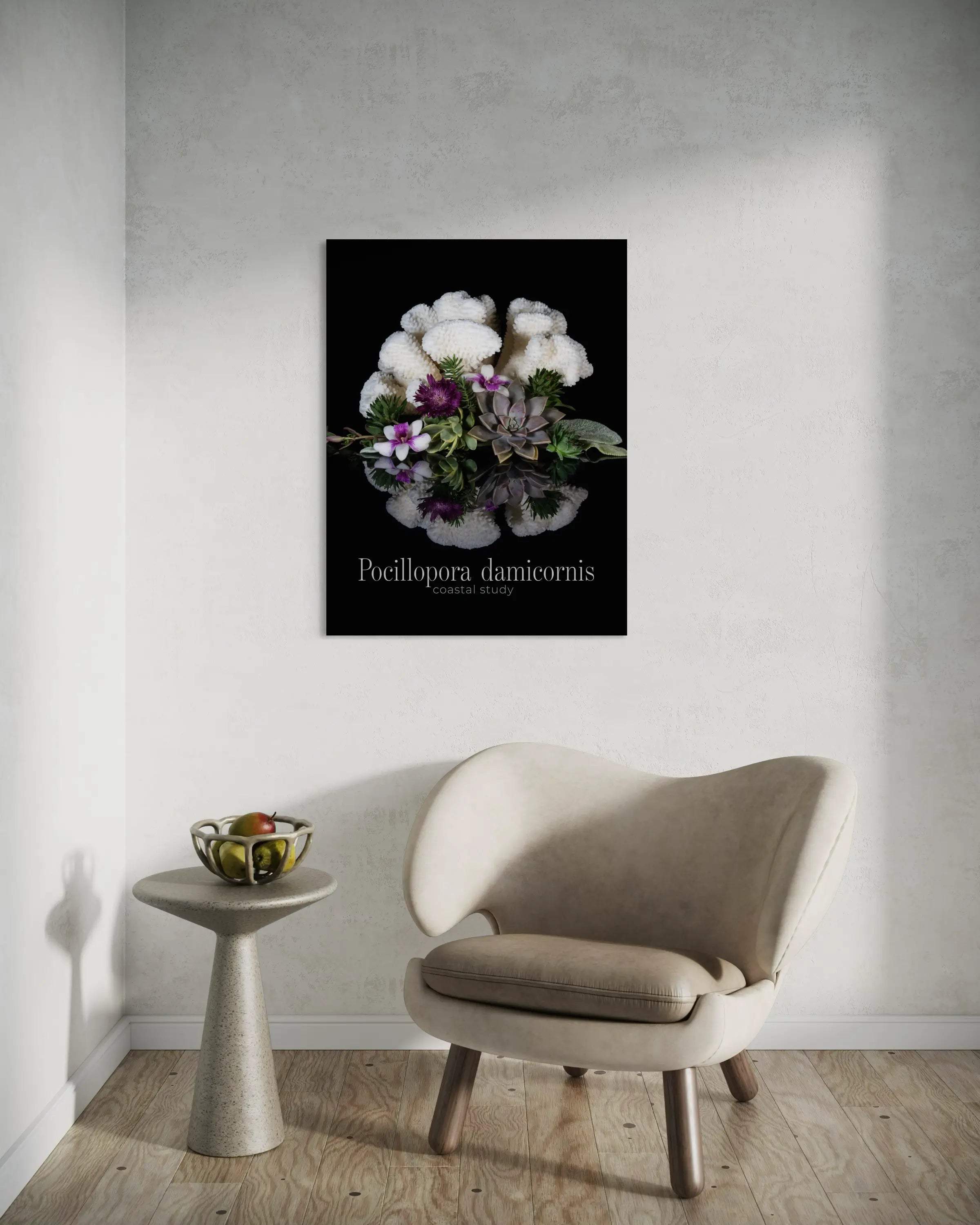 Cauliflower coral botanical wall art above chair, modern coastal glass print in neutral interior