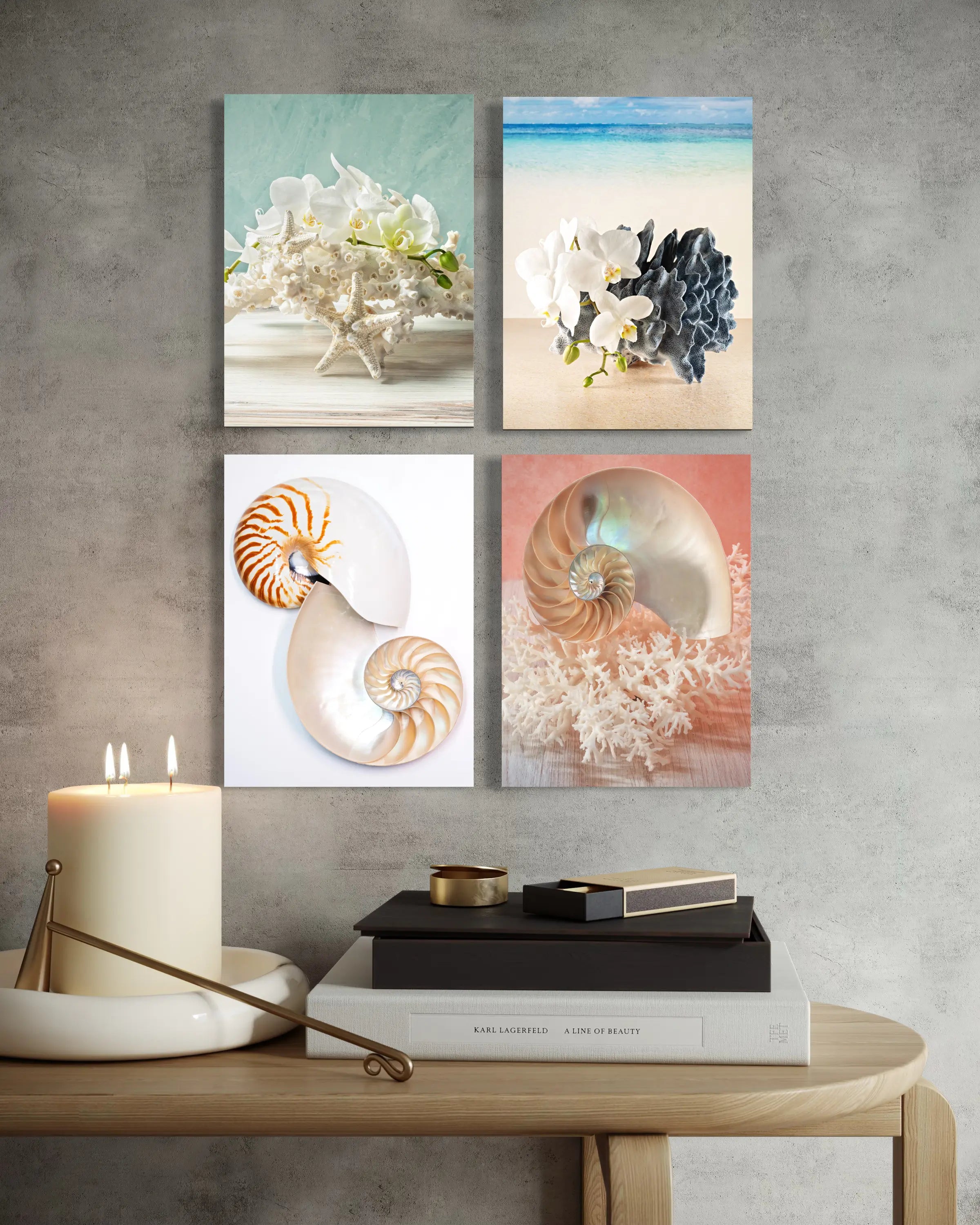 Coastal Calm wall art set of four small glass prints – seashells, coral, and orchids on soft beach-toned backgrounds, light coastal home decor collection.