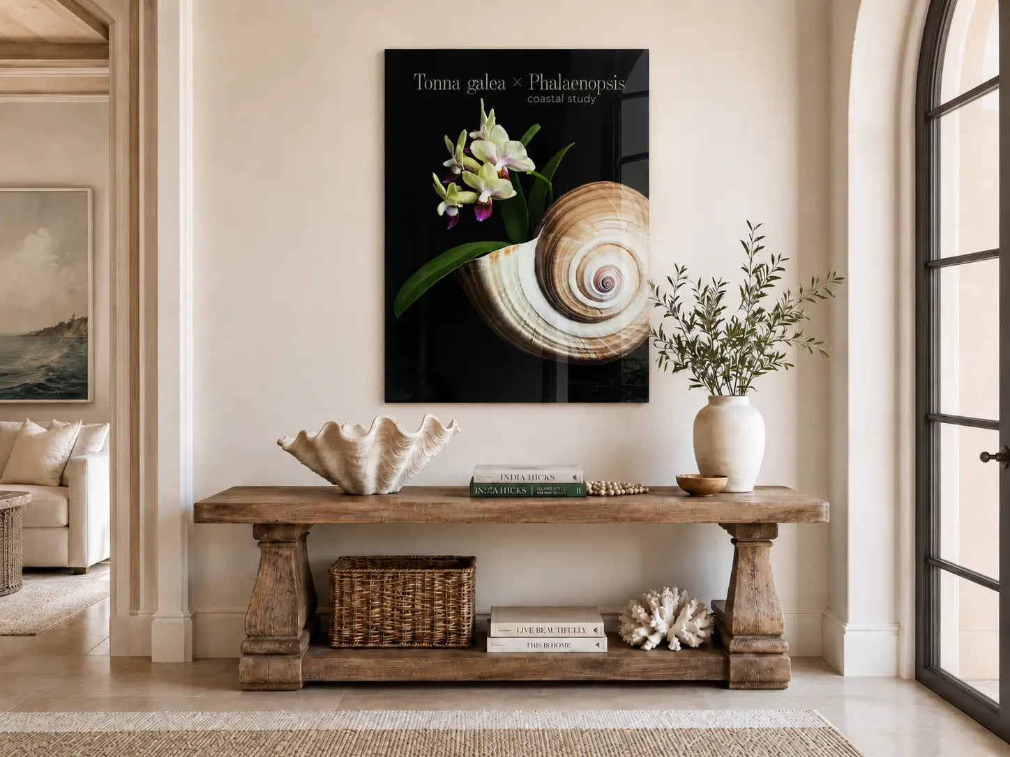 Coastal entryway with a shell and orchid glass print