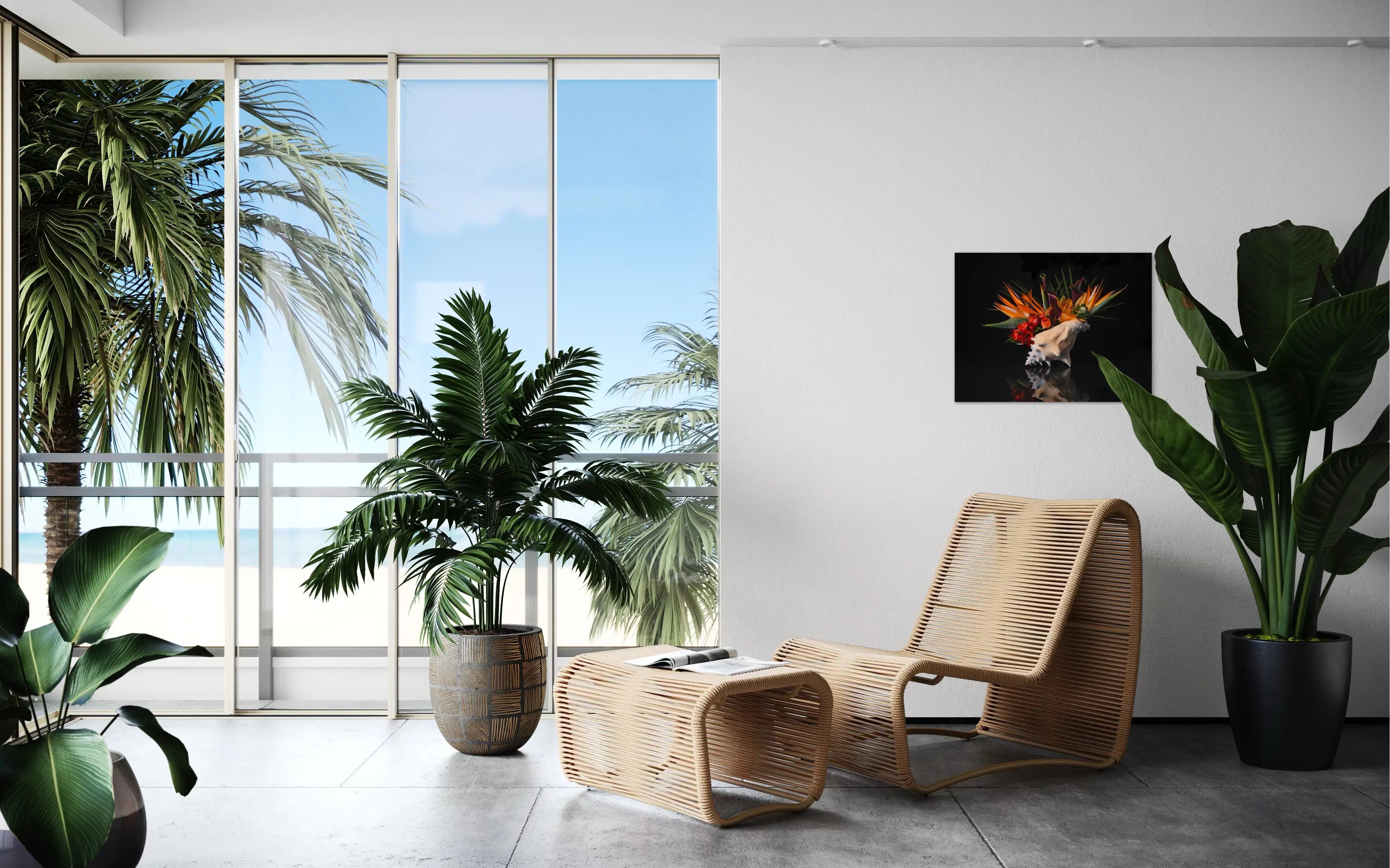 Coastal Glass Art Conch Shell & Birds of Paradise Decor