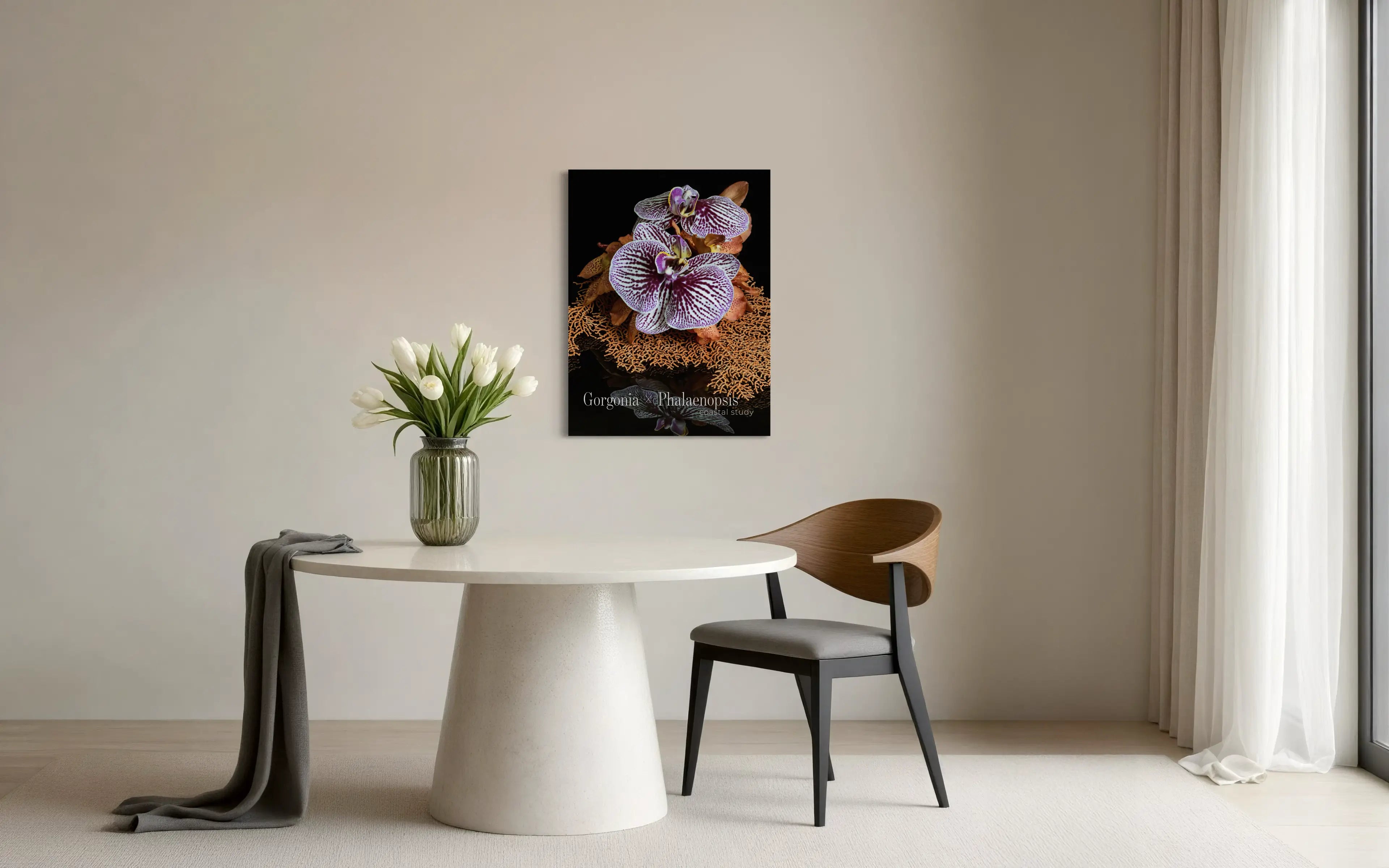 Sea fan coral and purple orchid glass wall art 21.6 x 28.8 in modern dining room