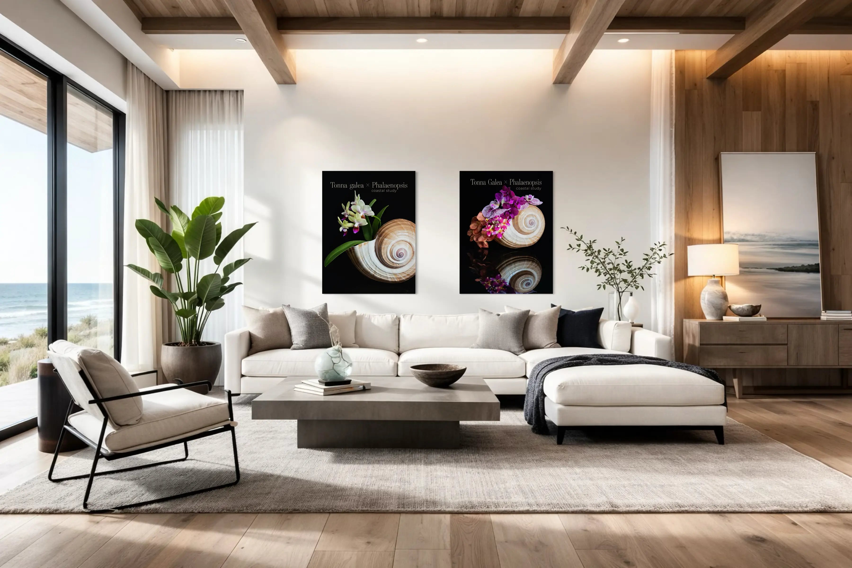 Modern coastal living room with two black-background shell and orchid glass wall art prints above a neutral sofa