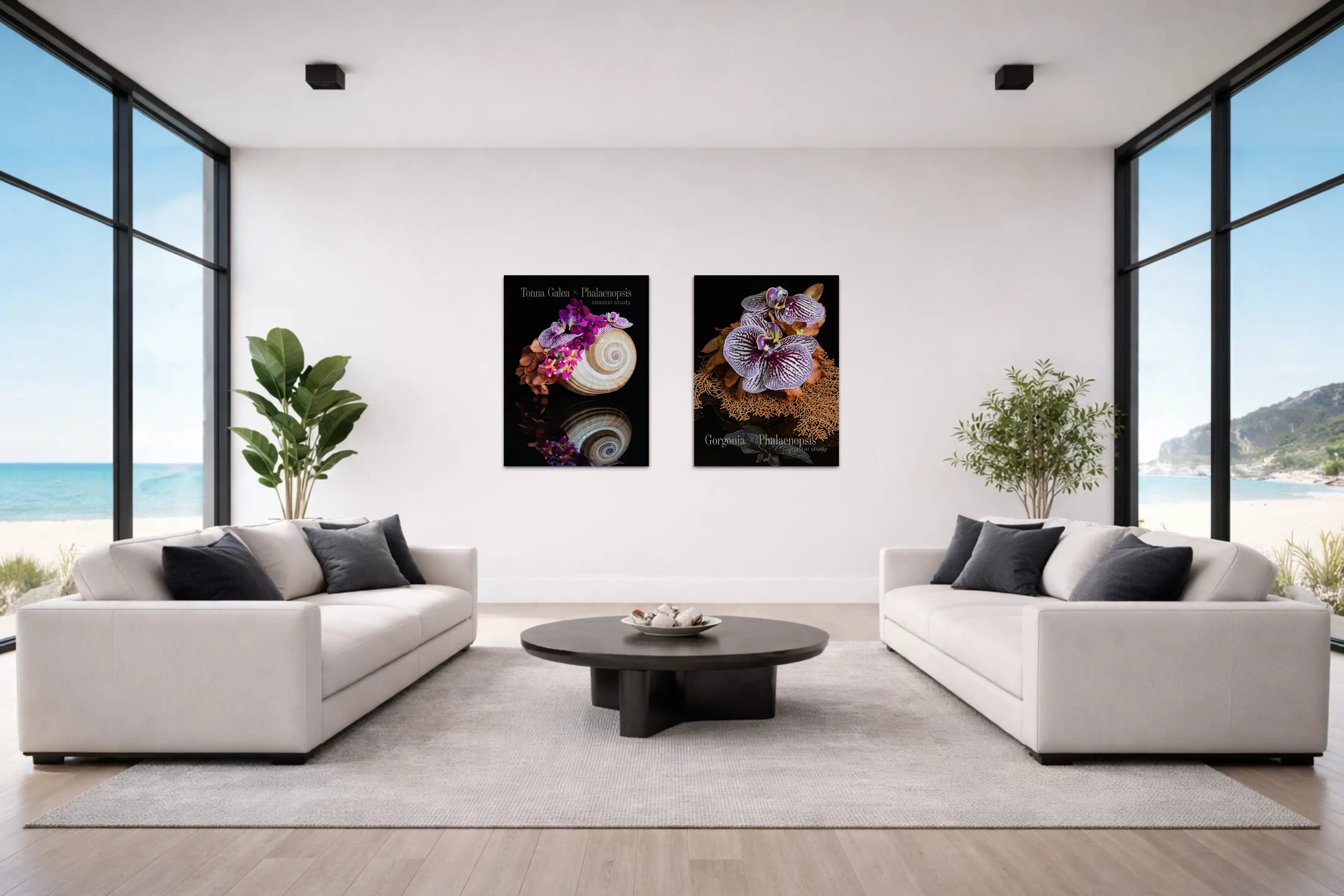 Coastal glass wall art featuring purple orchid coral print paired with shell floral artwork in modern living room