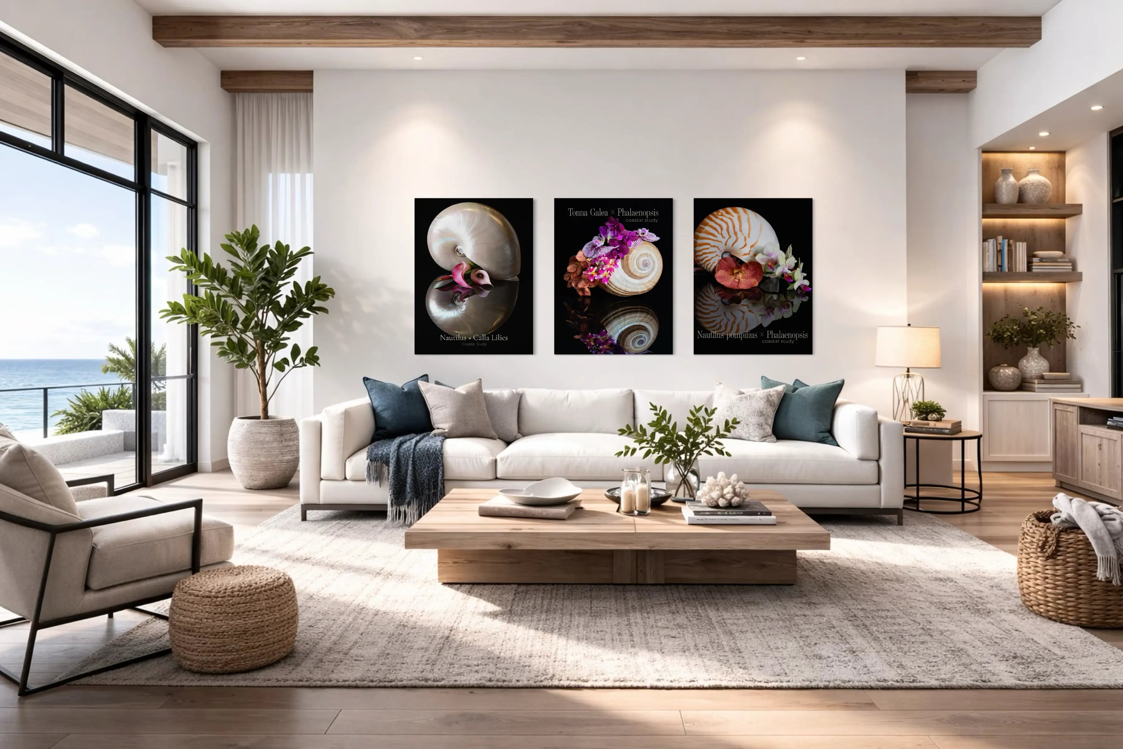 Coastal wall art featuring nautilus shell and botanical glass prints styled above a modern sofa in a bright coastal living room