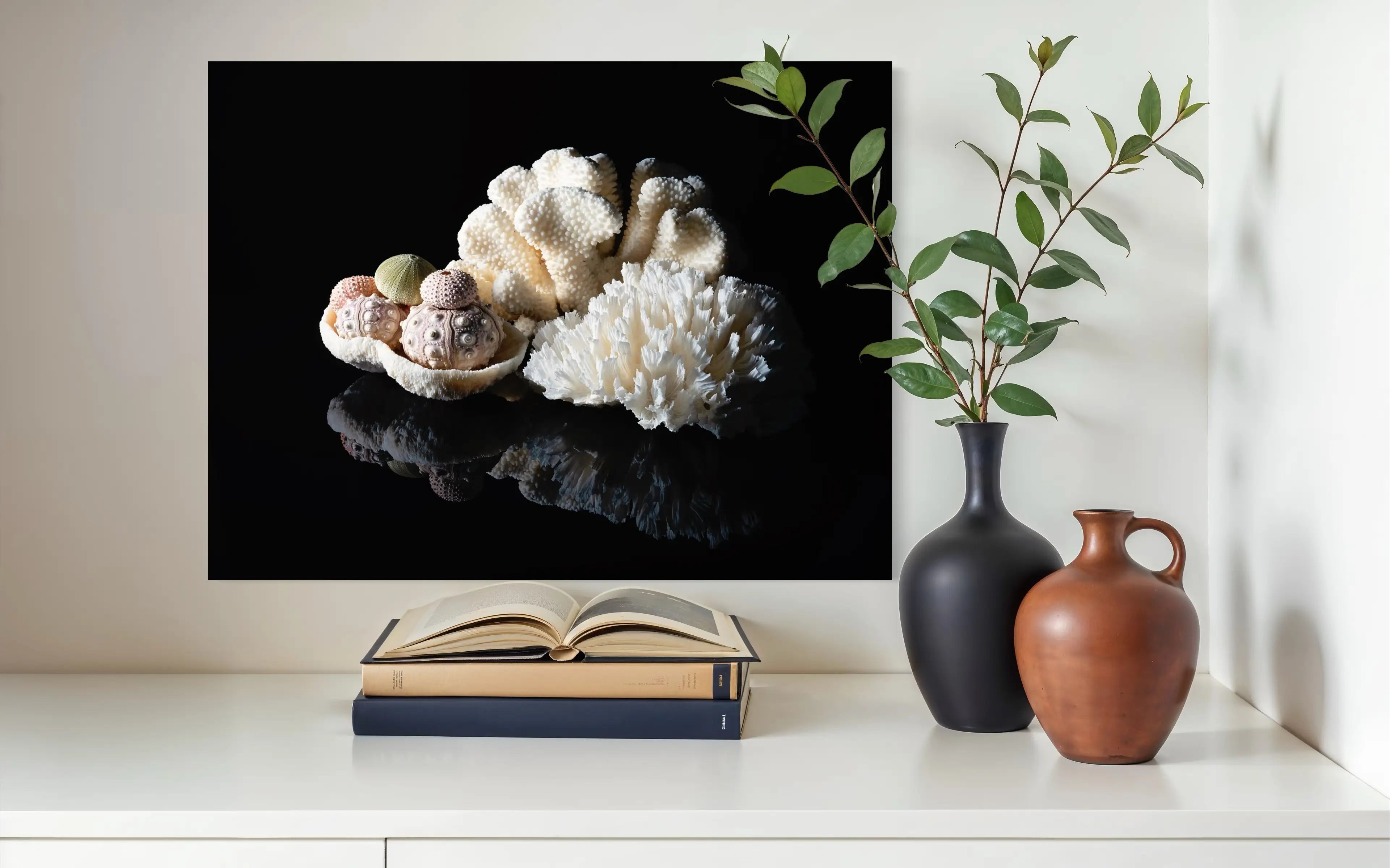 Vintage coral and sea urchins on reflective glass, coastal art