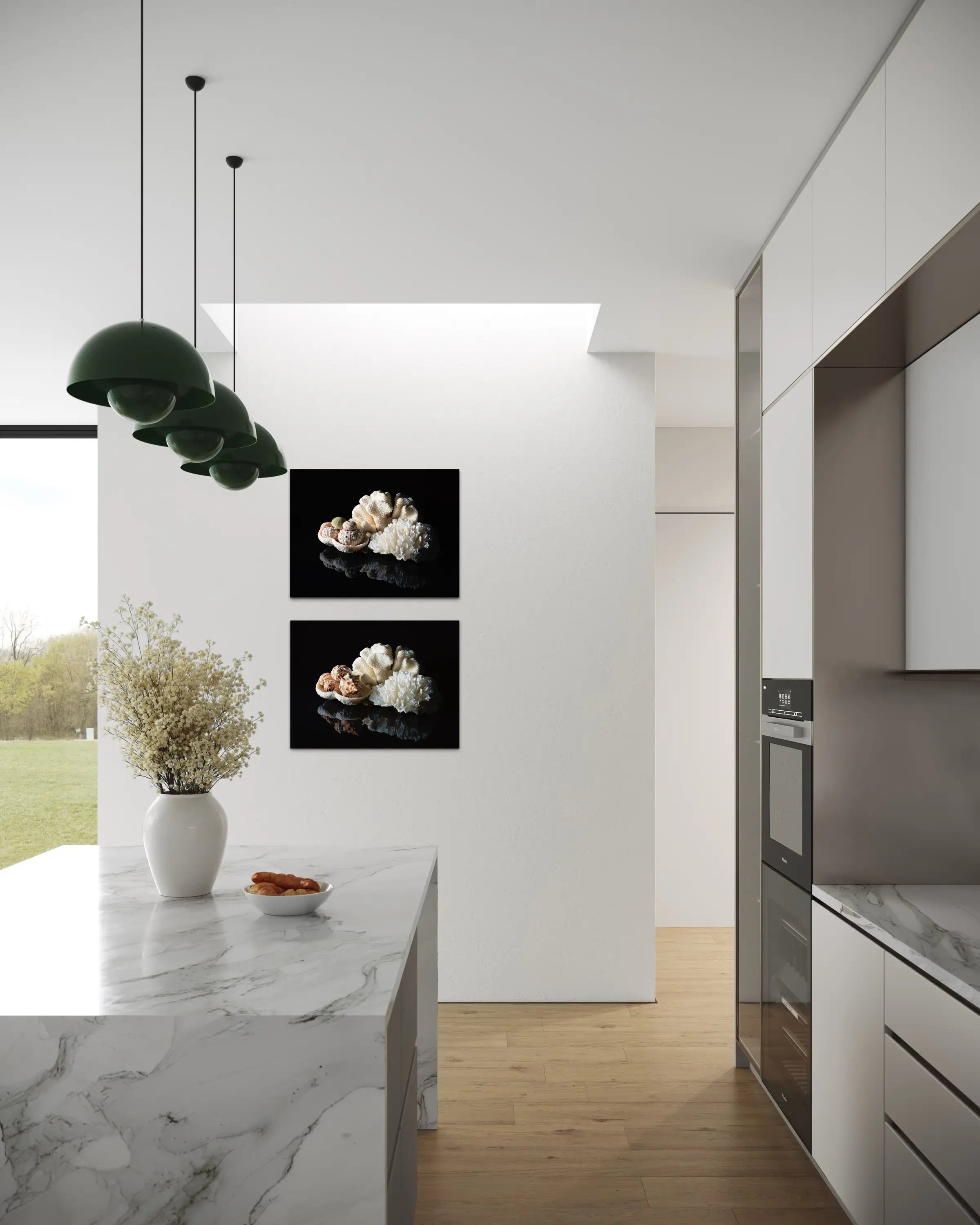 Vintage coral and sea urchins on reflective glass, coastal art, coastal kitchen with 2 prints