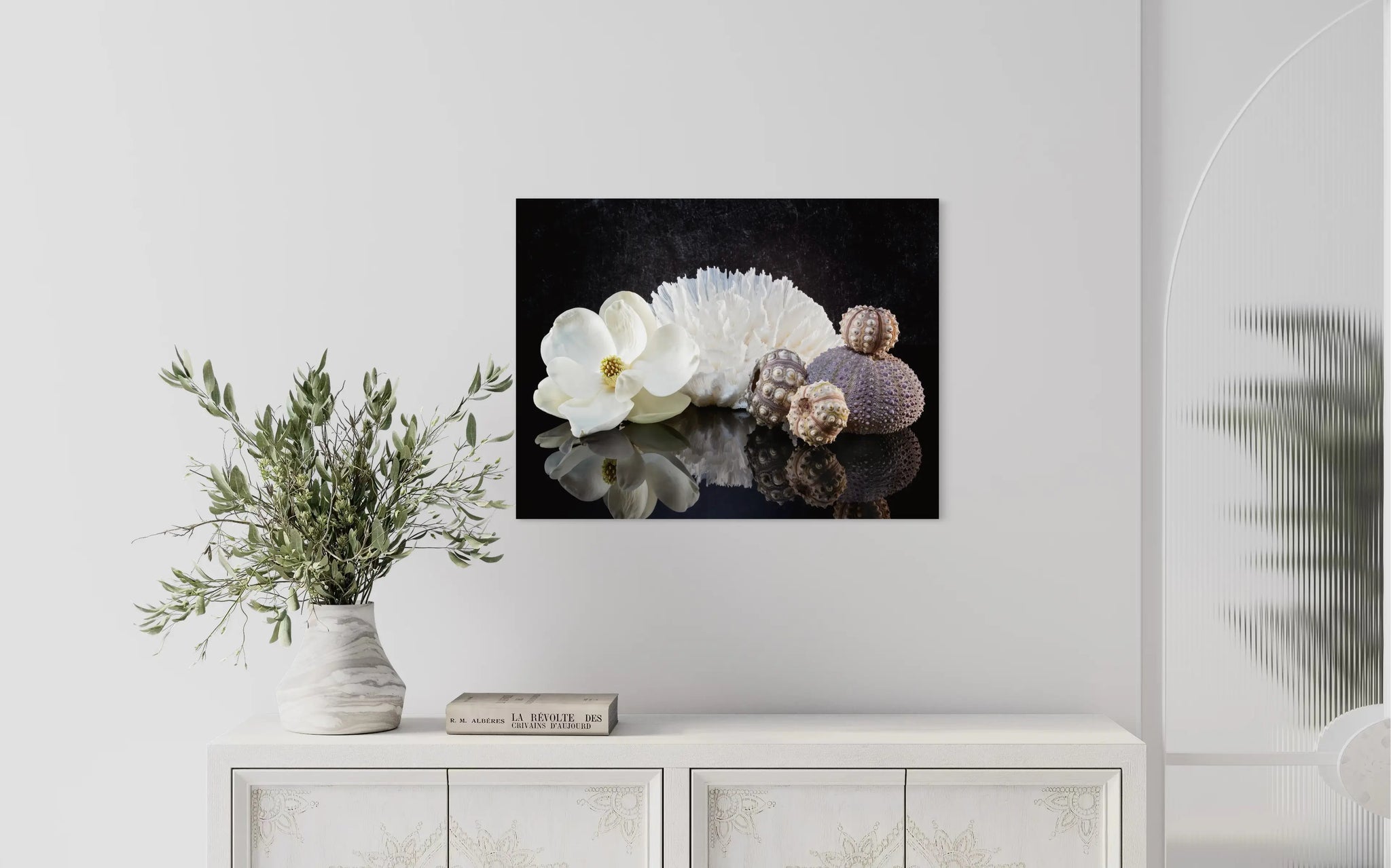 Glass print of a magnolia blossom, poca coral and sea urchins on a reflective black background, coastal decor