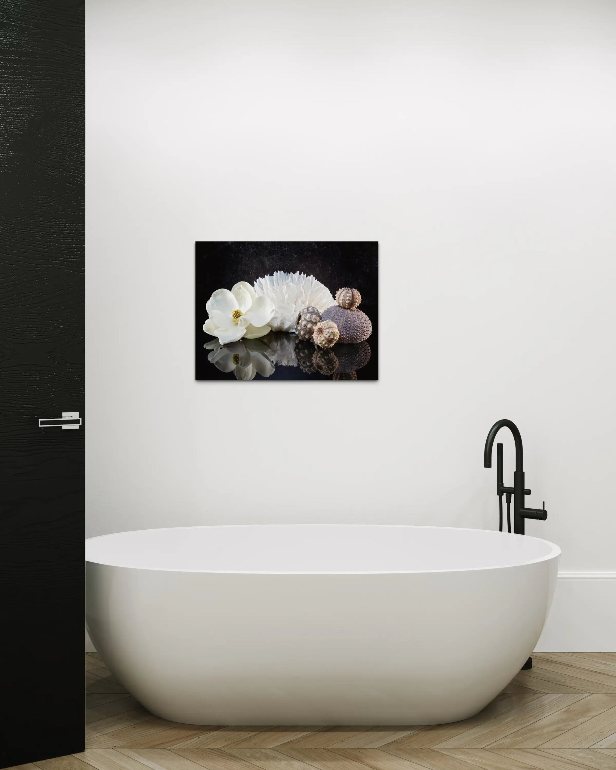 Glass print of a magnolia blossom, poca coral and sea urchins on a reflective black background, coastal bathroom decor.