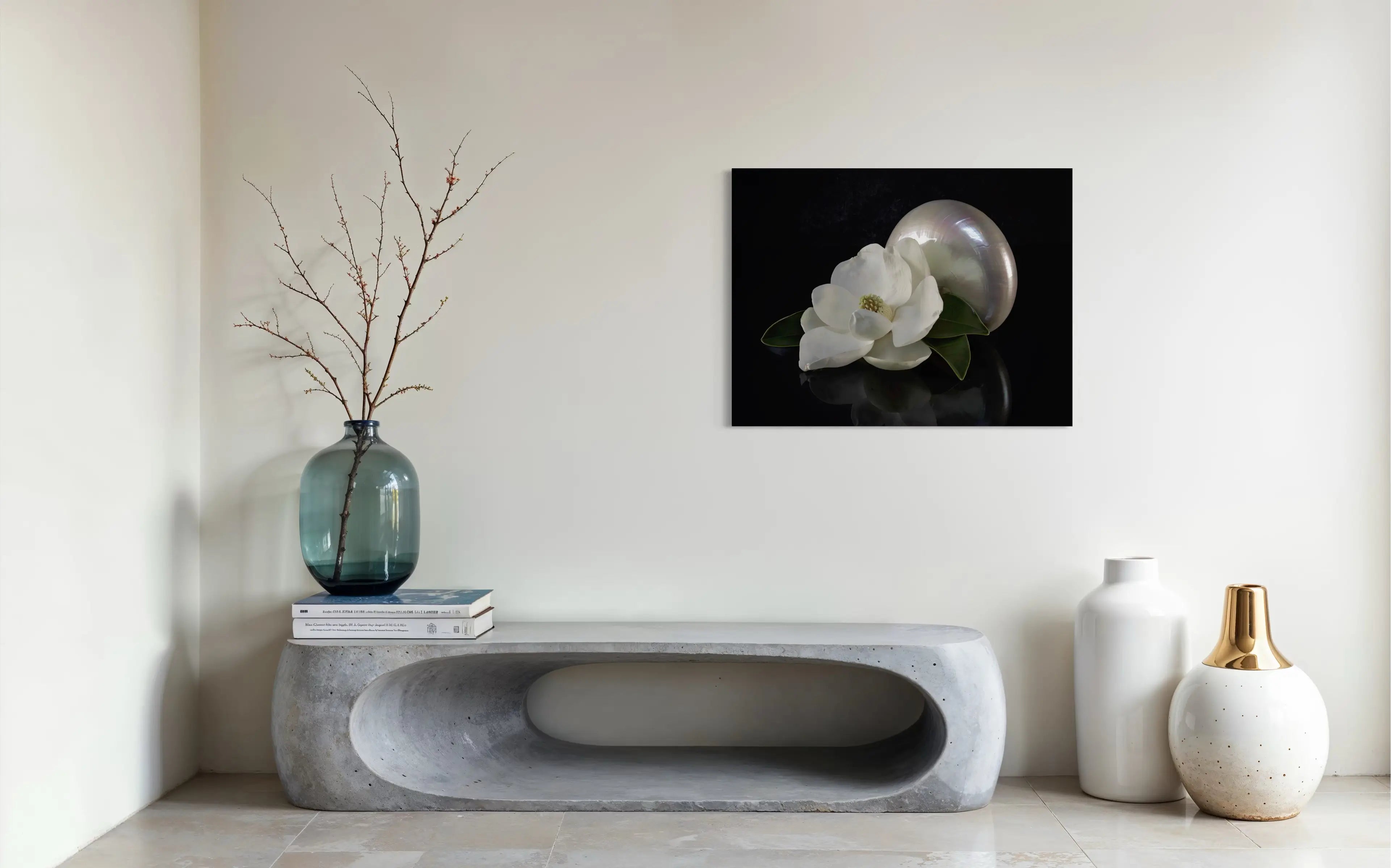 Eco-friendly glass print with magnolia blossom and pearl nautilus on reflective black background, perfect for modern coastal decor.