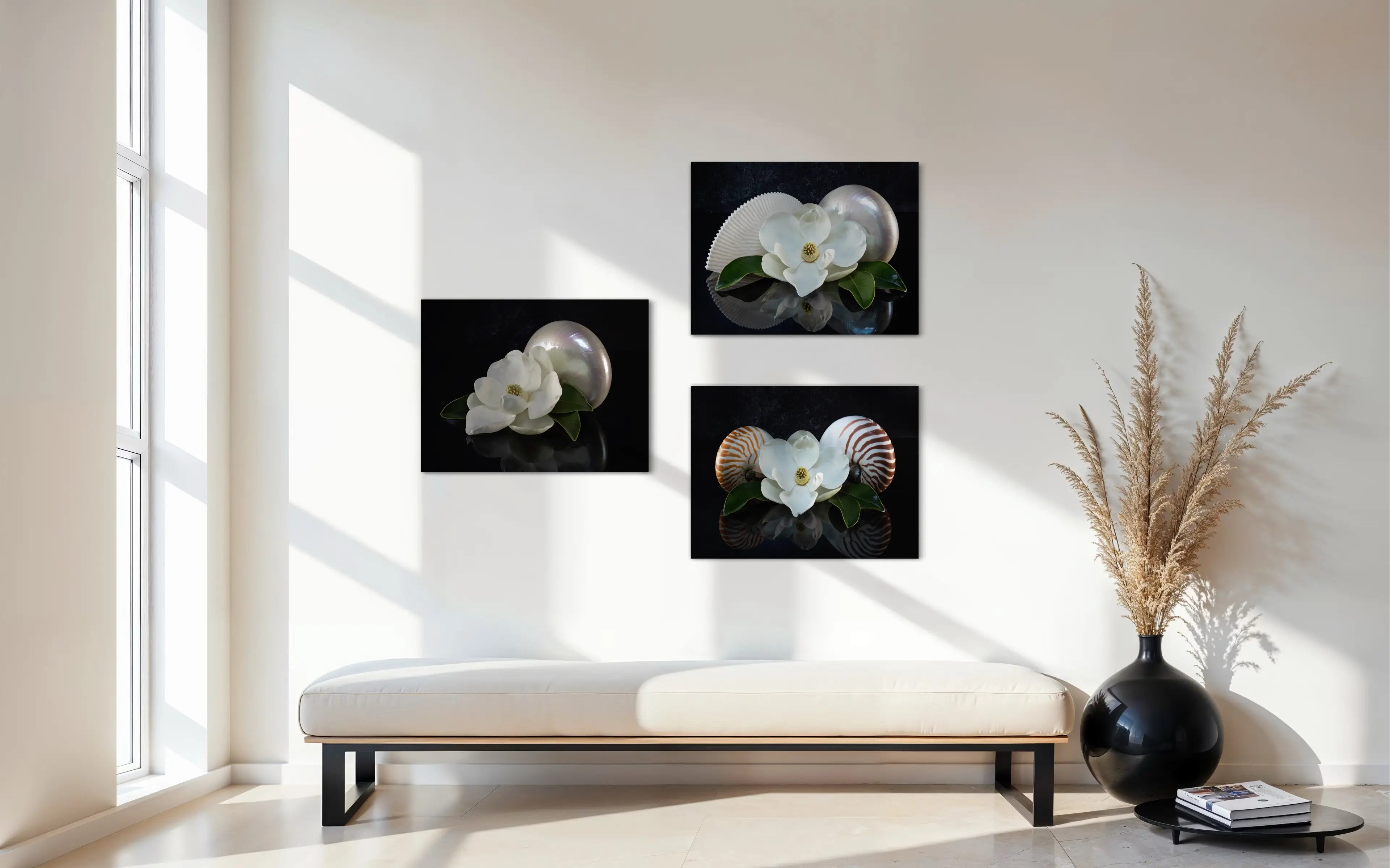 Eco-friendly glass print with magnolia blossom and pearl nautilus shown with 2 other matching magnolia prints.