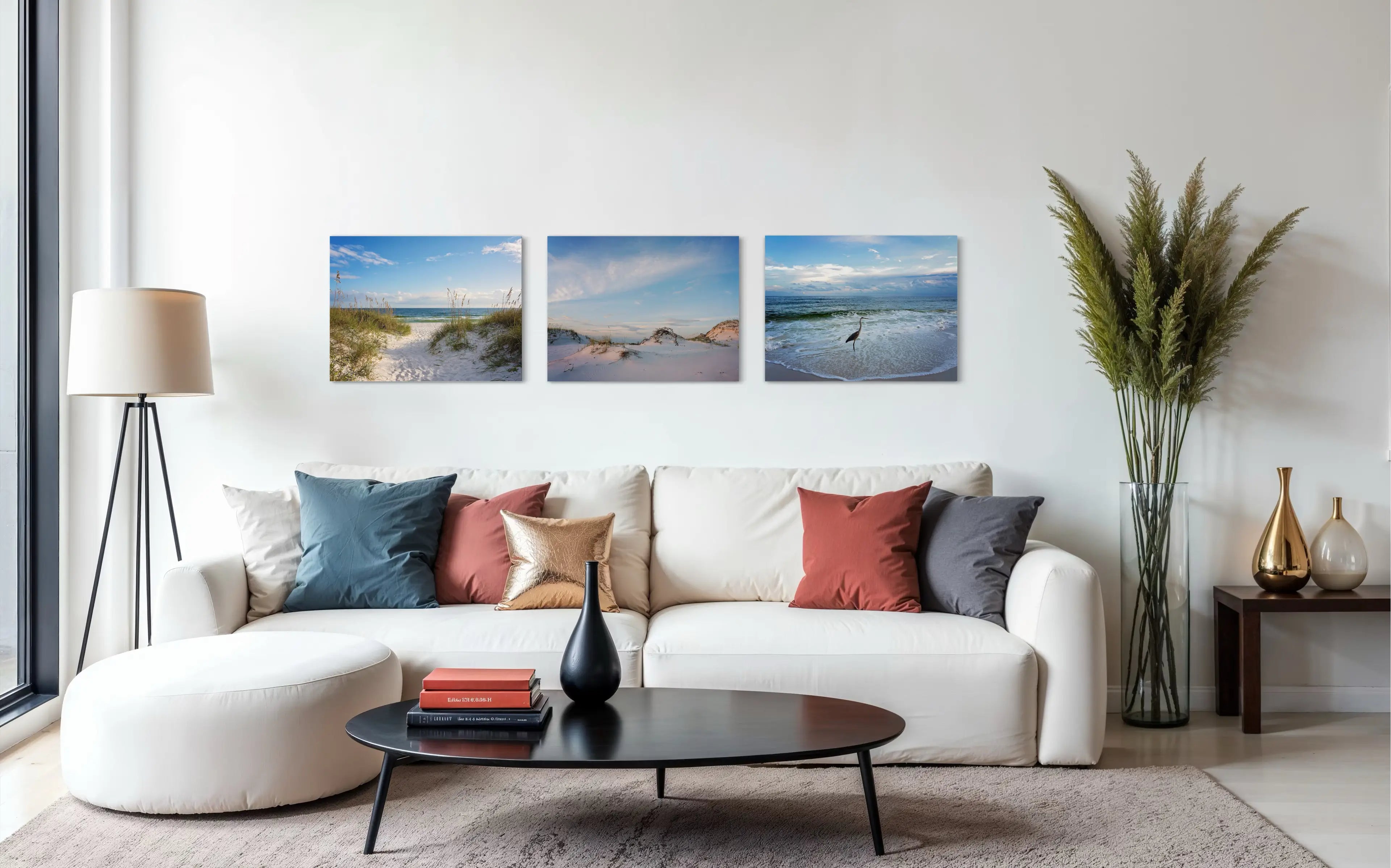 Sandy dunes and sea oats with Gulf waters, coastal glass art shown with 2 other Echoes glass prints