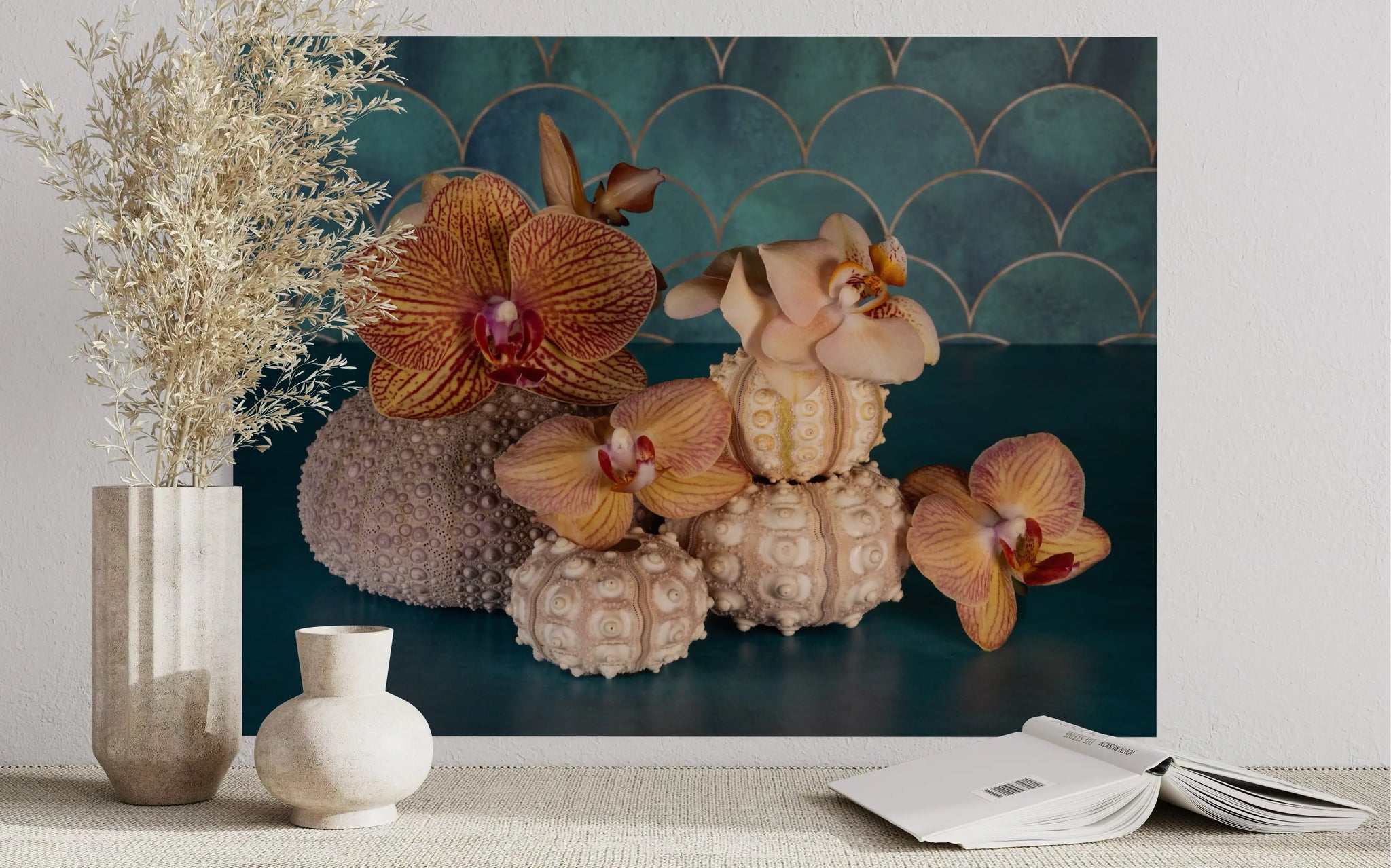Coastal botanical glass print with orchids and sea urchins set against a teal background, coastal decor.