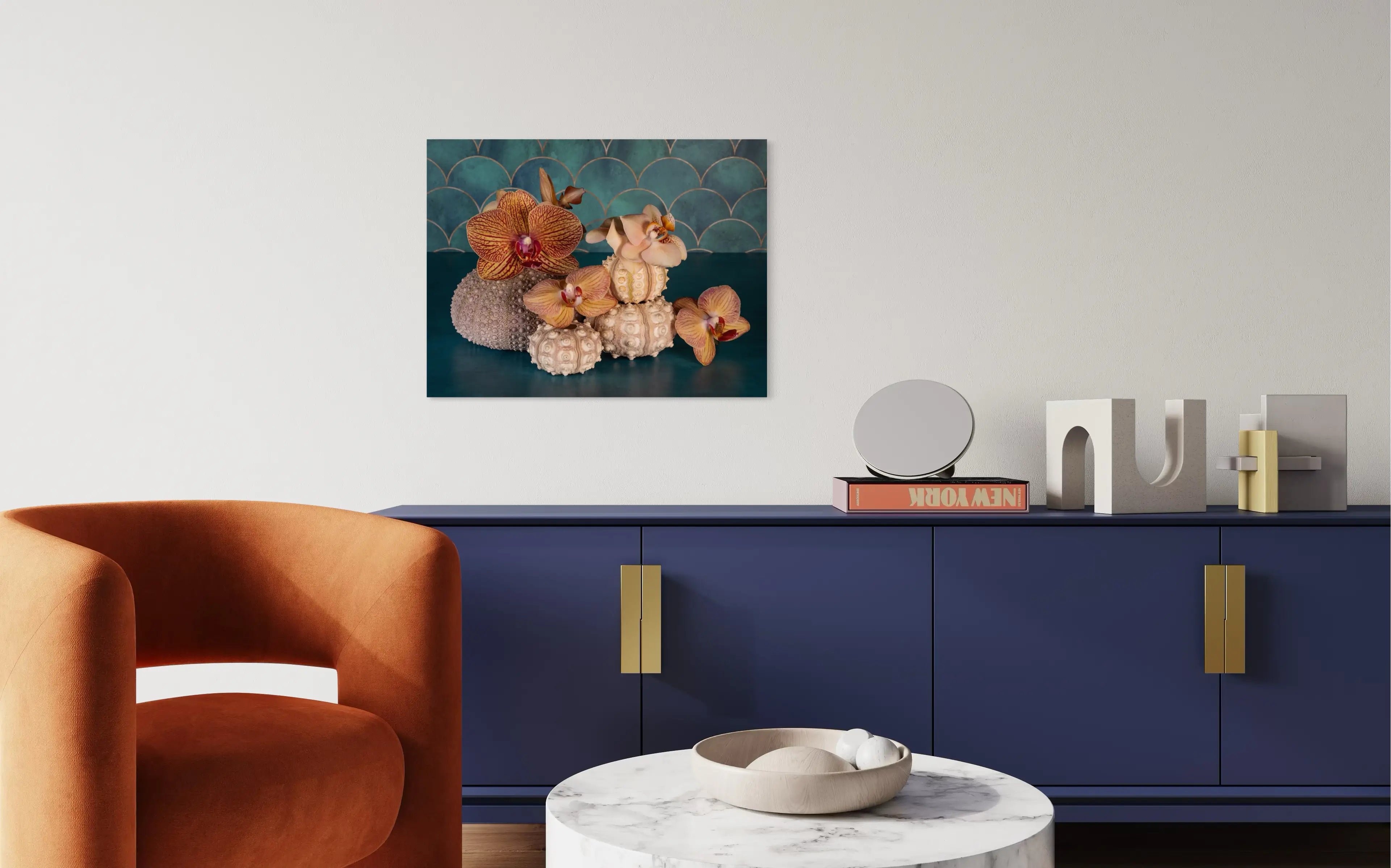 Coastal botanical glass print with orchids and sea urchins set against a teal background, modern decor