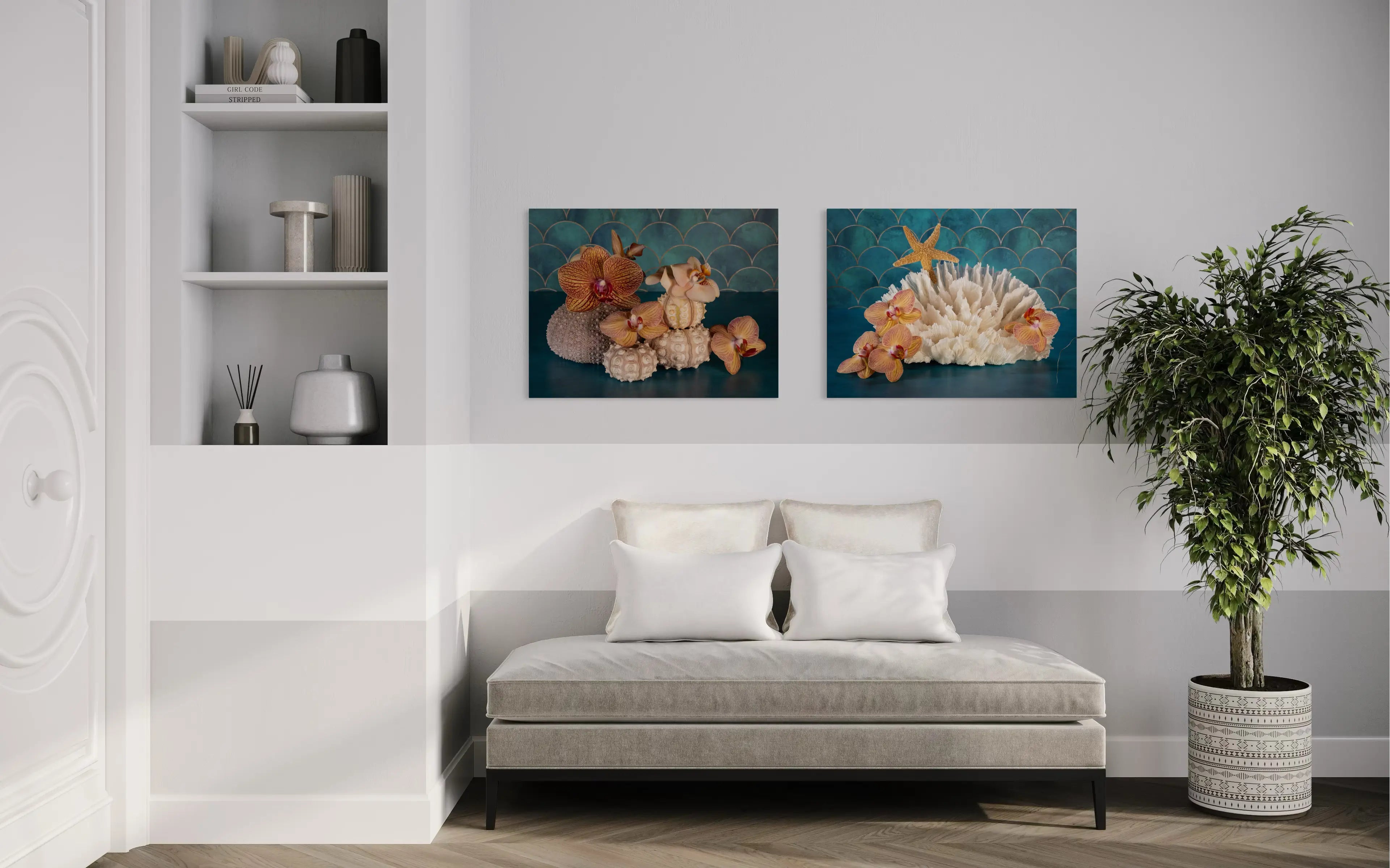 Coastal botanical glass print with orchids and sea urchins set against a teal background, living room coastal art