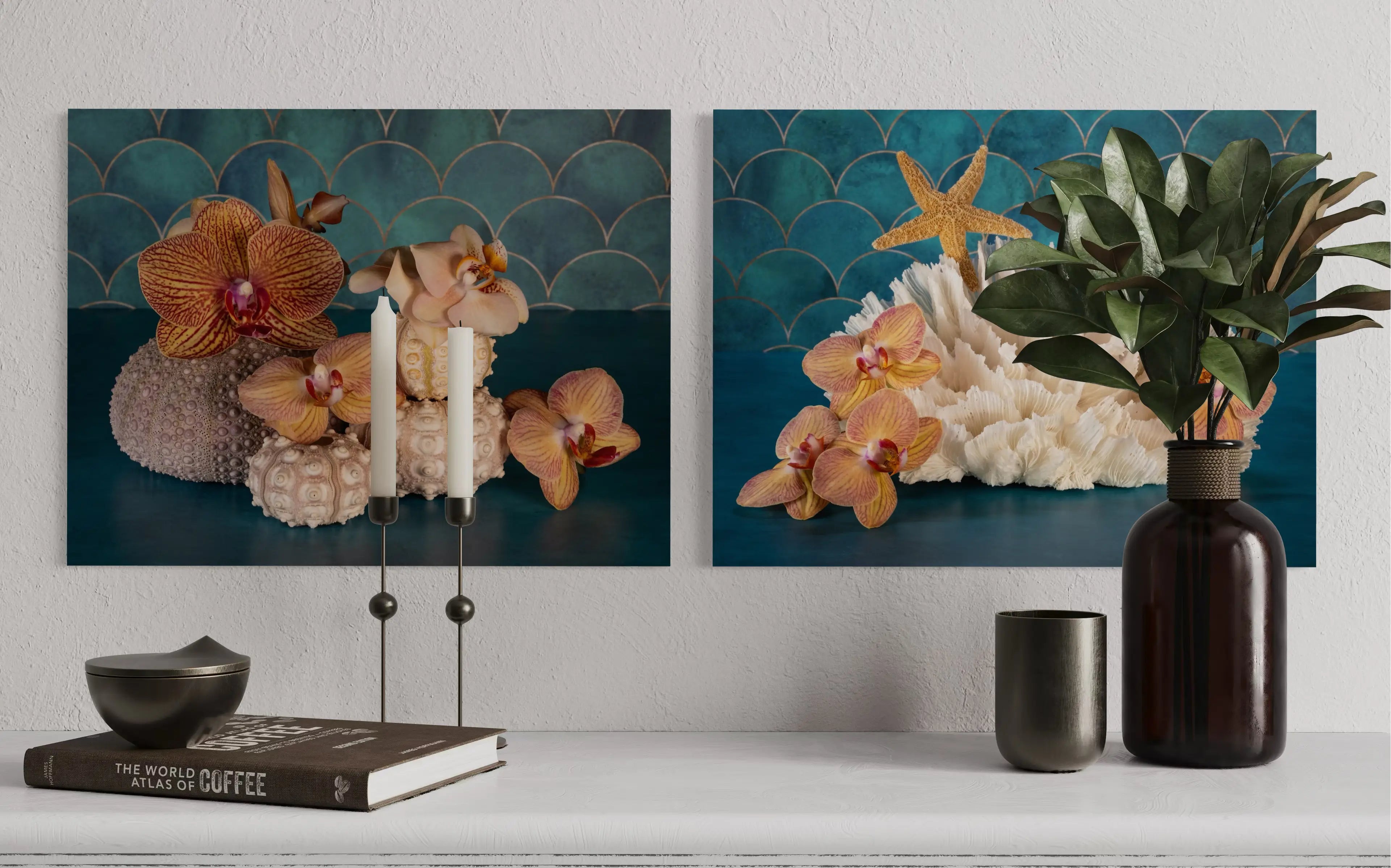 Coastal botanical glass print with orchids and sea urchins set against a teal background shown with matching print.