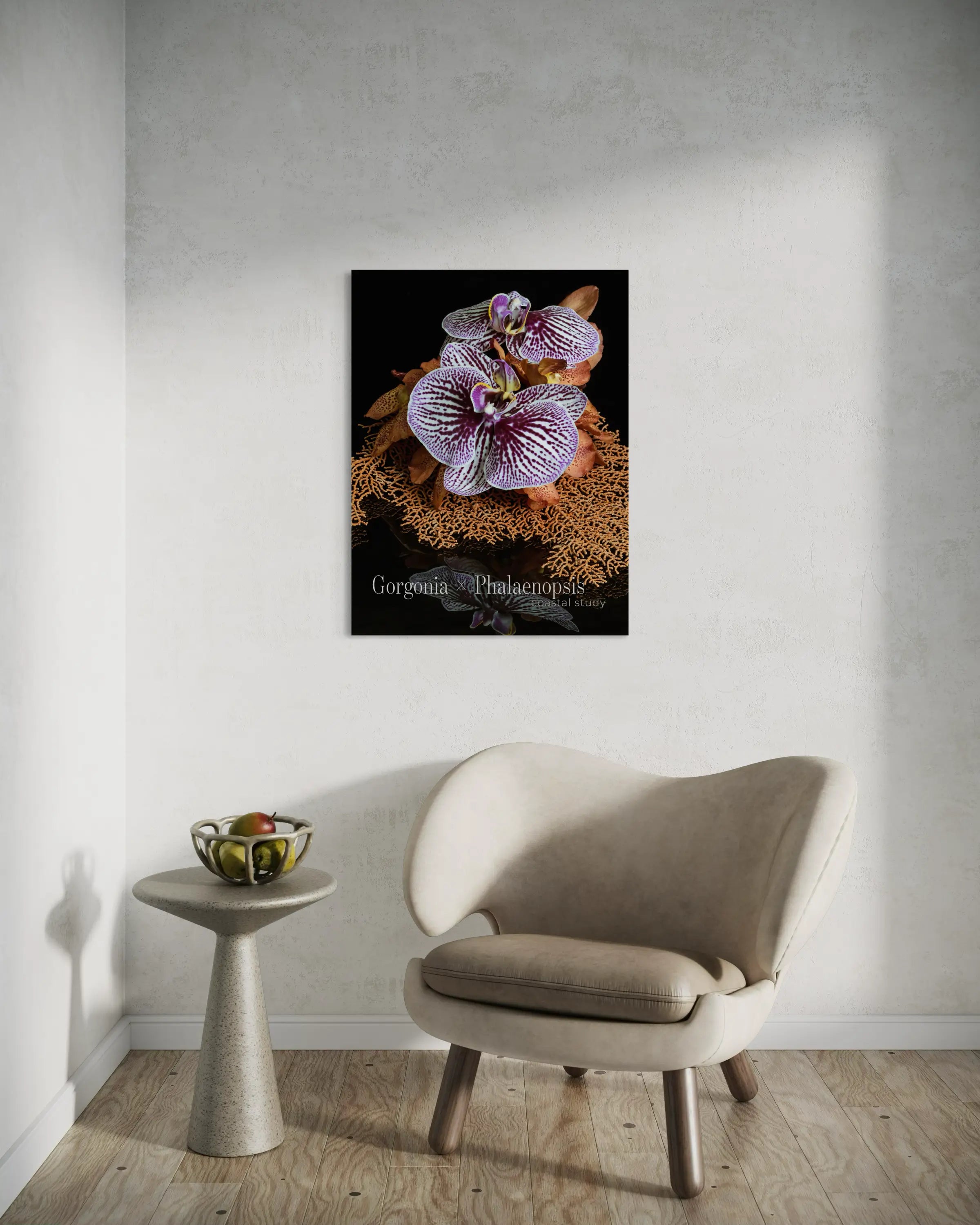Sea fan coral and purple orchid wall art on glass with detailed texture and reflection on black background