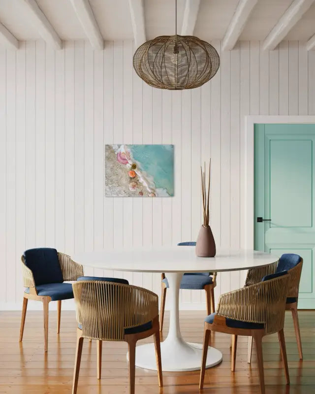 Vibrant seashells and ocean waves on a beach, Echoes of the Sea coastal glass art print_dining room