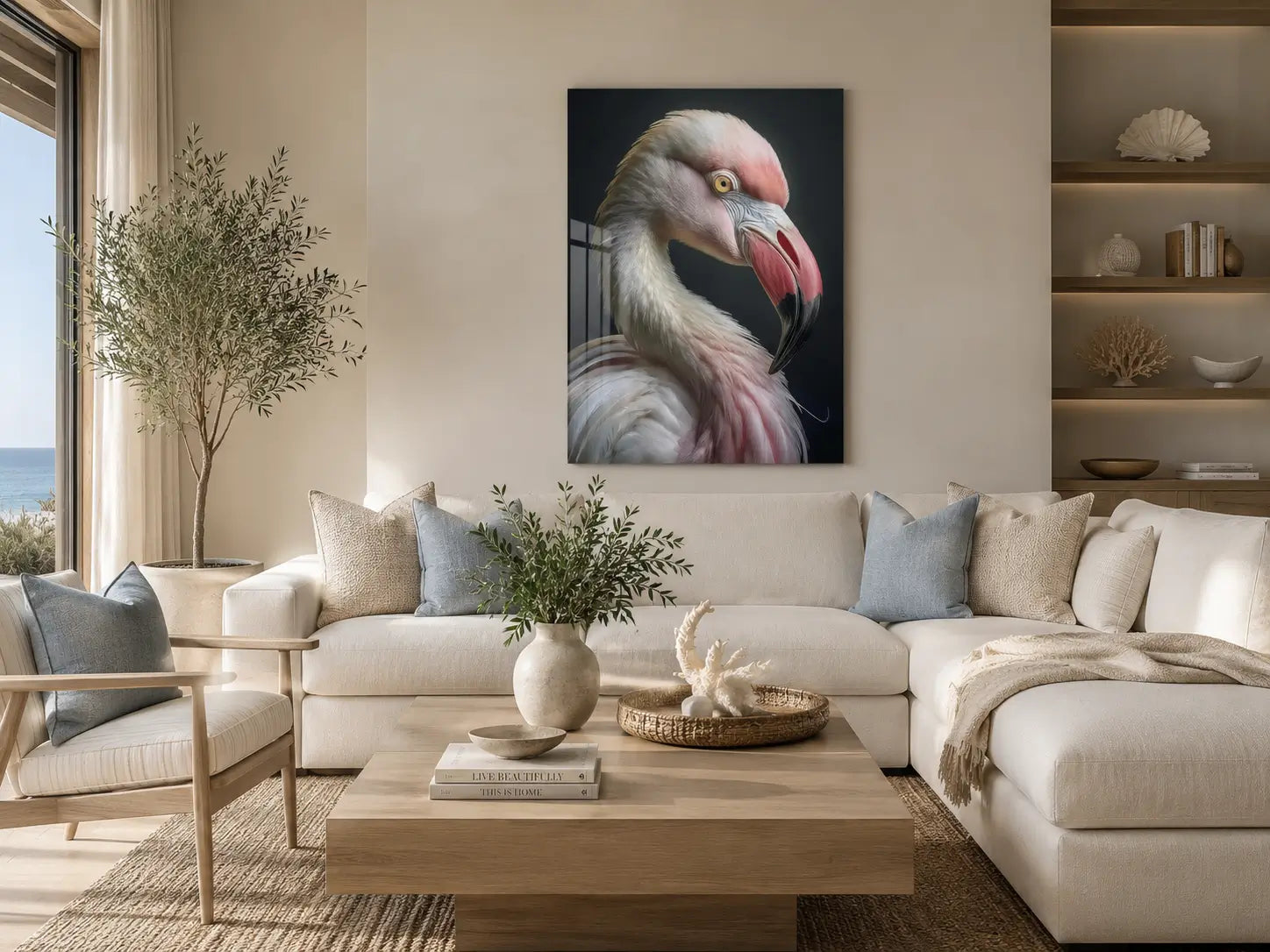 Modern coastal living room with a pink flamingo glass print on the wall.
