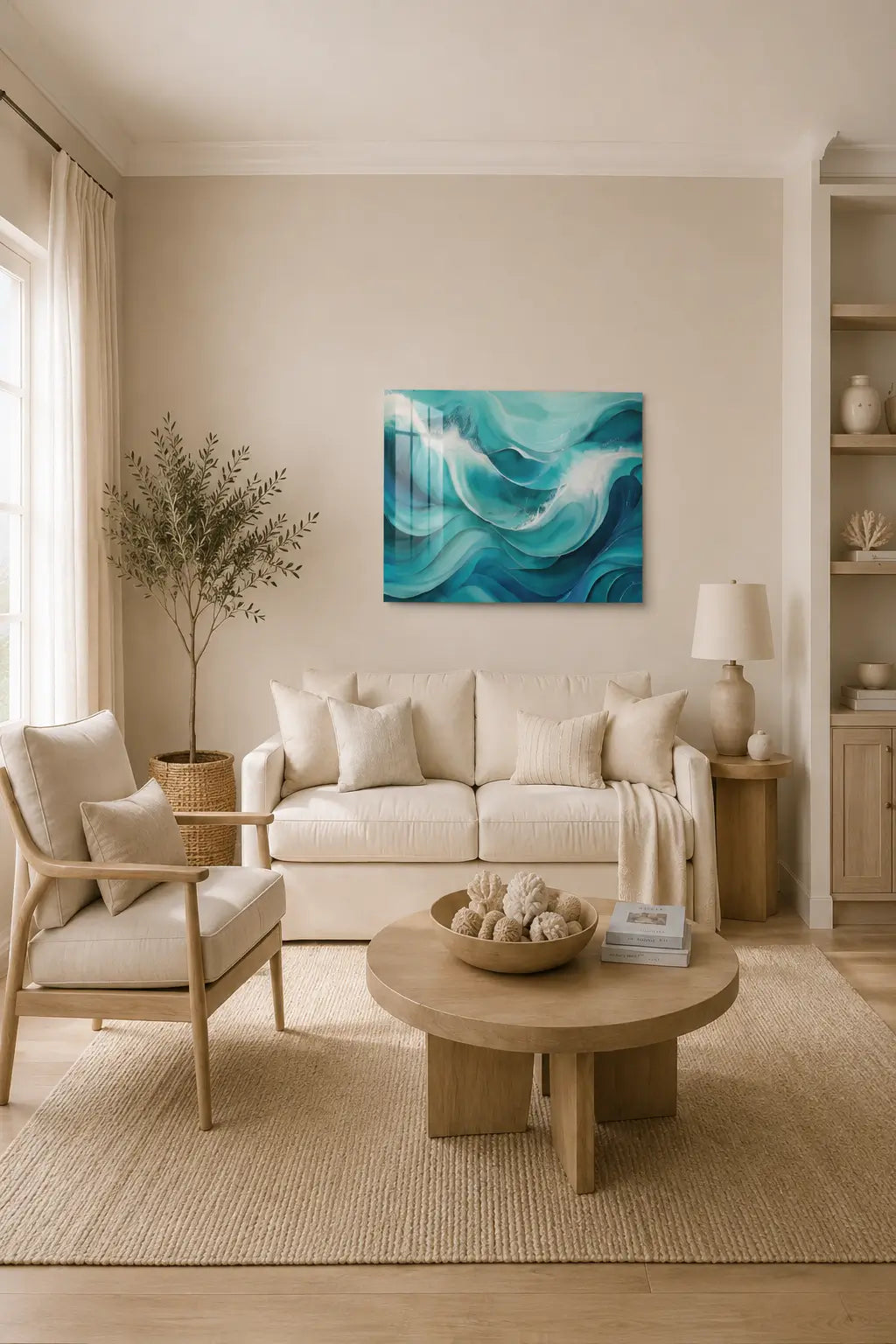 Living room with beige sofa, wooden coffee table, and abstract blue and teal wave art glass print on the wall.