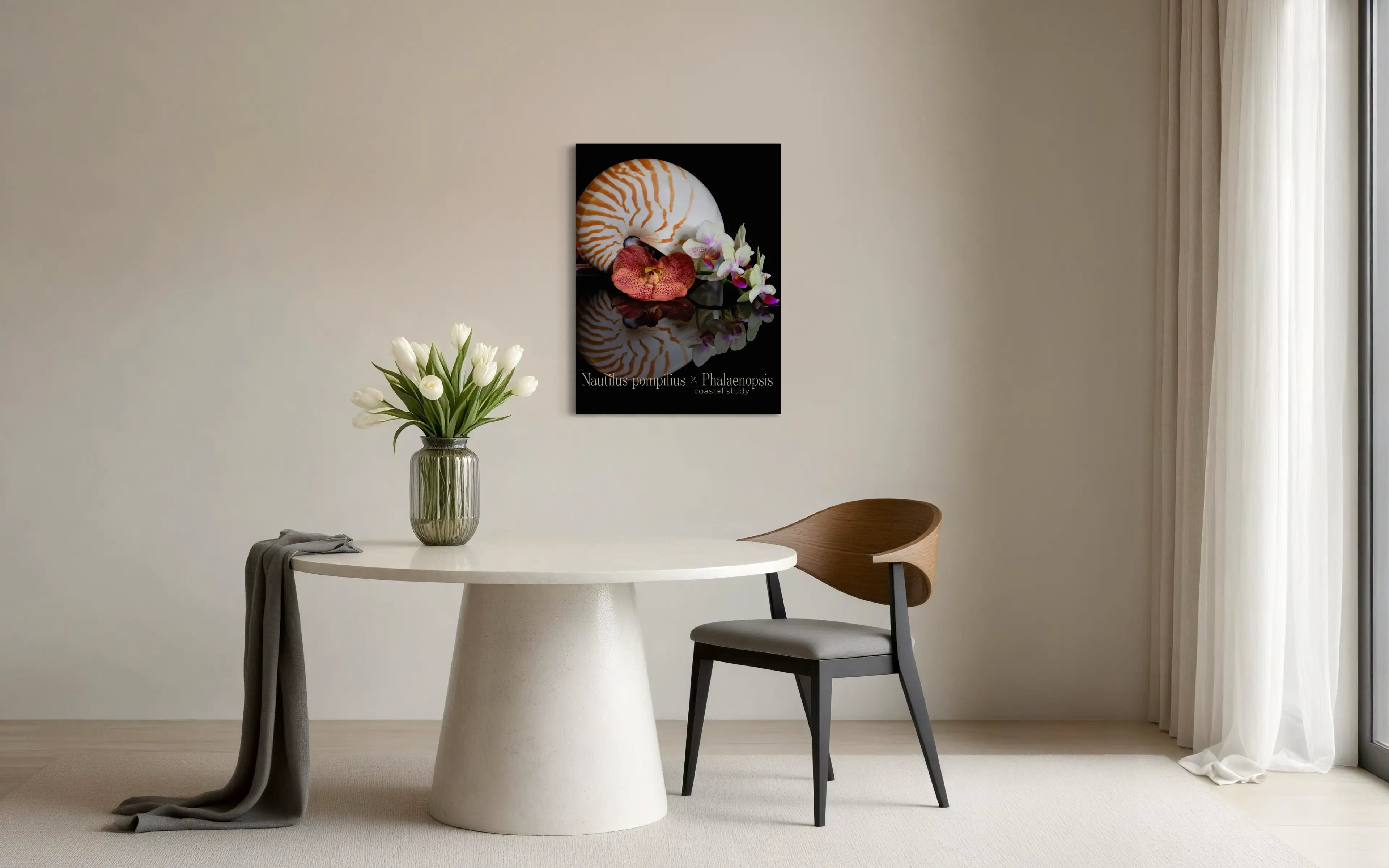 Nautilus shell wall art with spotted orchid styled in a modern dining room with neutral tones and natural light