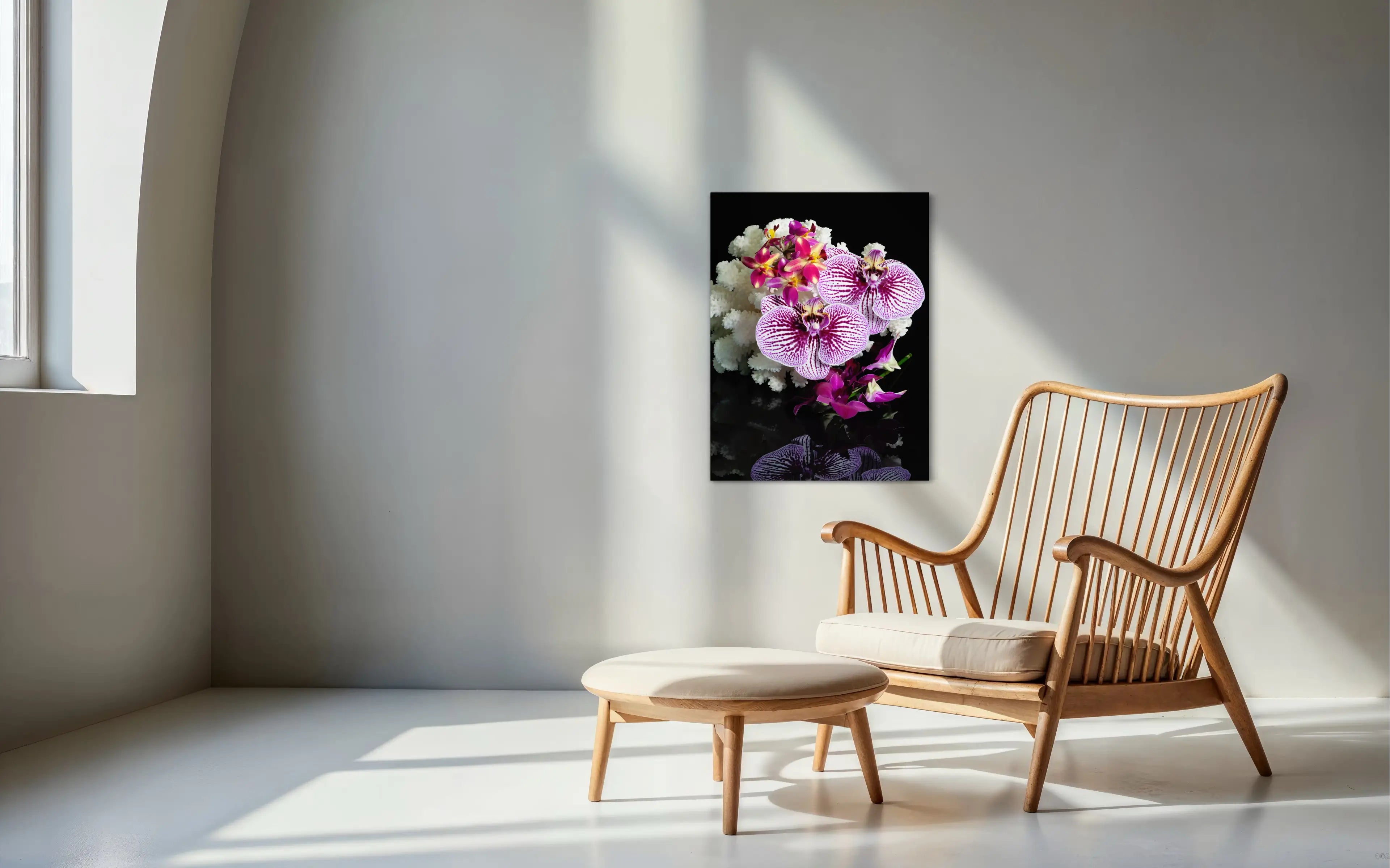Coastal Orchid & Coral Glass Print with vibrant orchids and white coral on black background, coastal sitting area