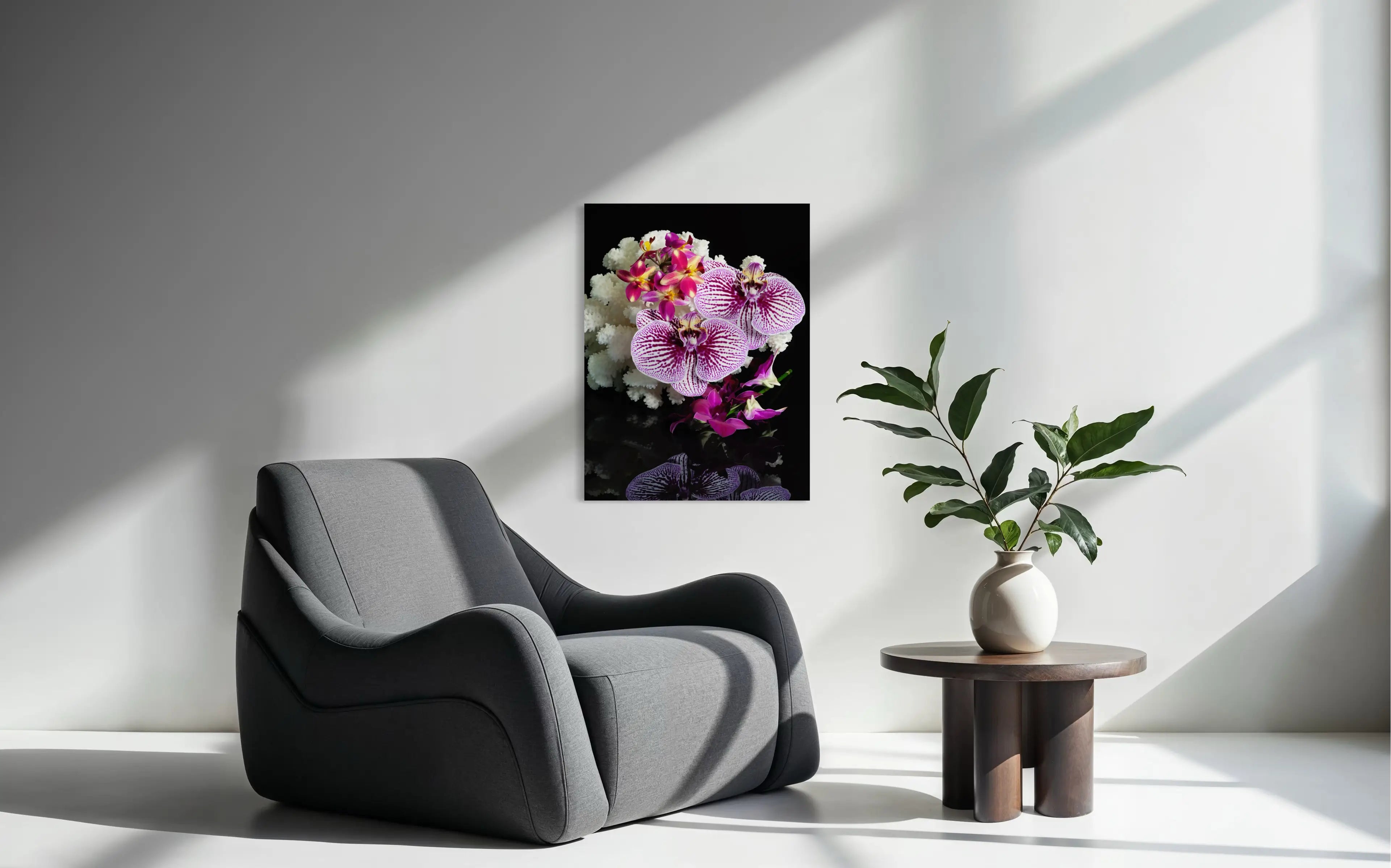 Coastal Orchid & Coral Glass Print with vibrant orchids and white coral on black background, coastal statement piece