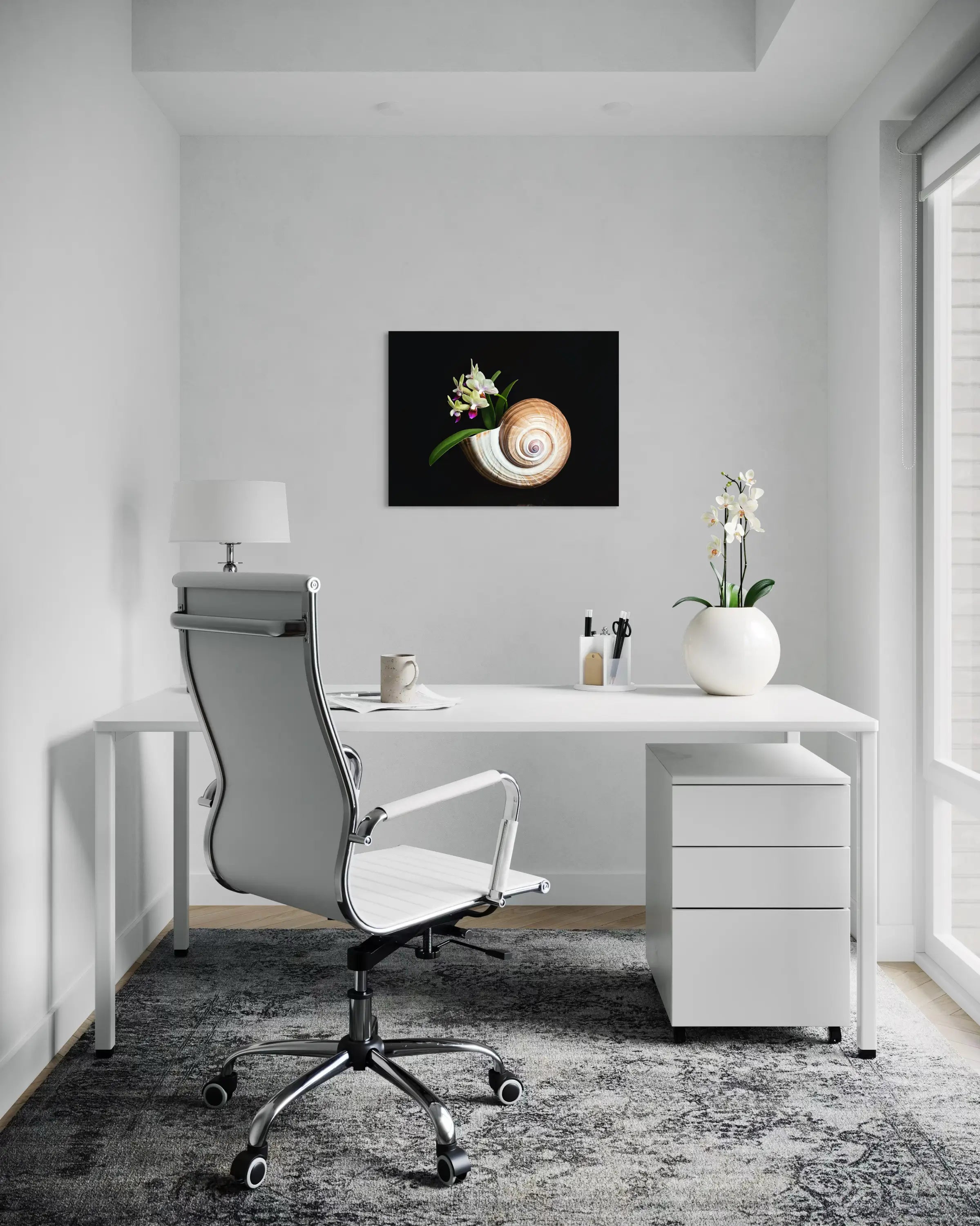 Coastal Orchid & Seashell Glass Print with vibrant orchids and elegant seashell on a black background, office decor