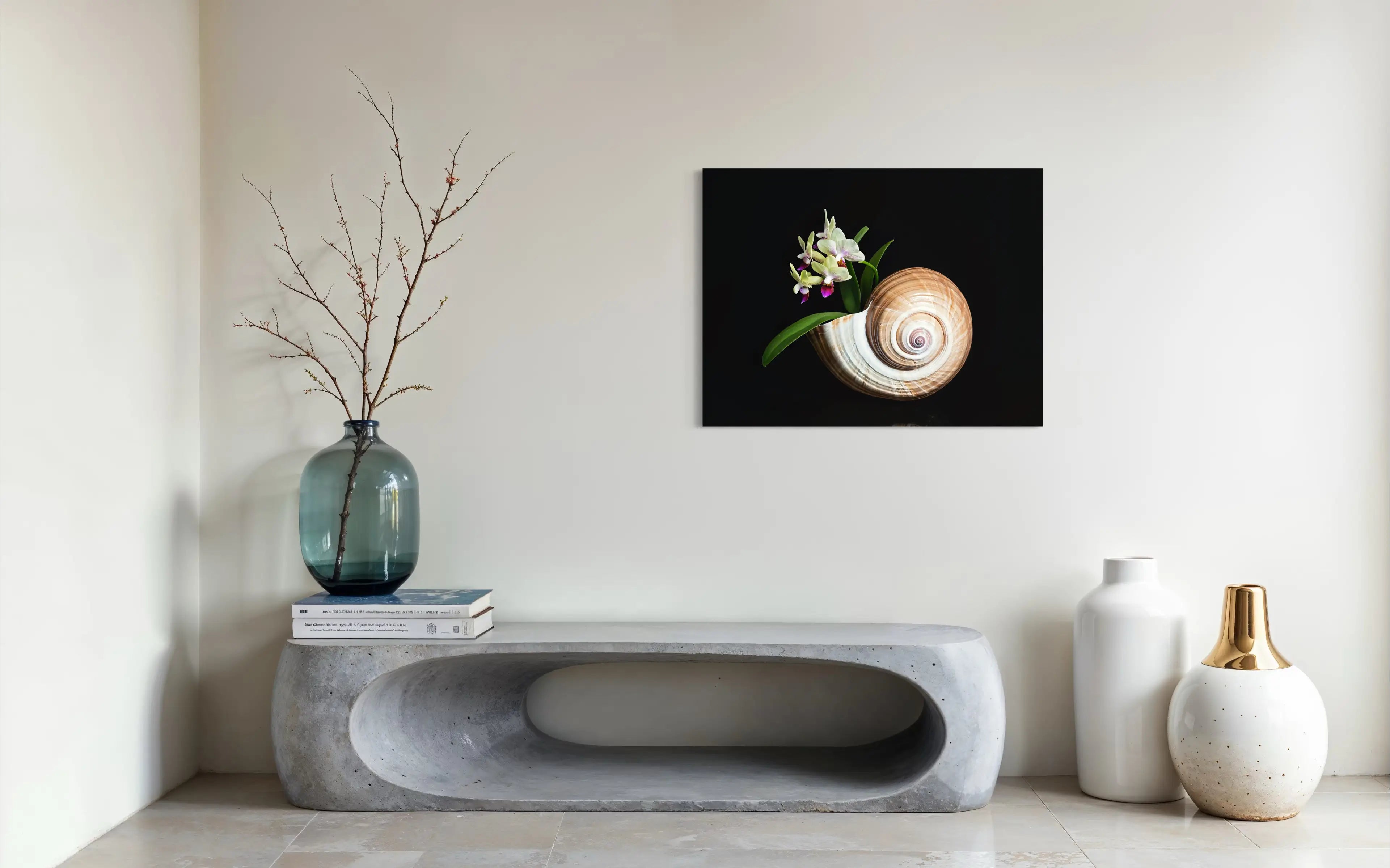Coastal Orchid & Seashell Glass Print with vibrant orchids and elegant seashell on a black background, modern decor