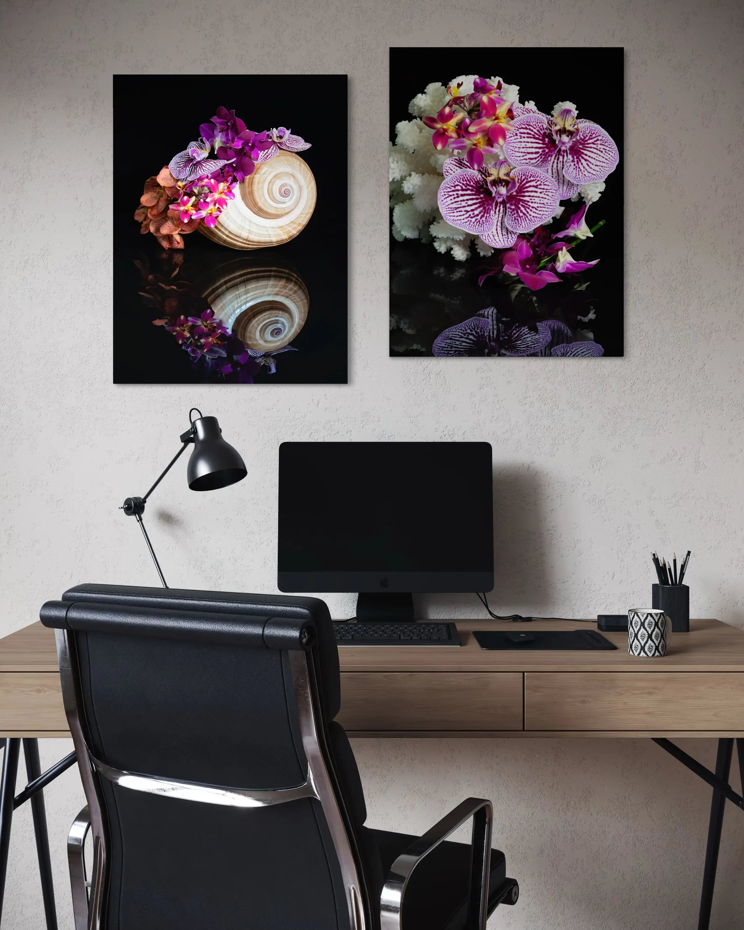 Coastal Orchid Seashell Glass Print with vibrant orchids and seashell on black background, office decor with matching print
