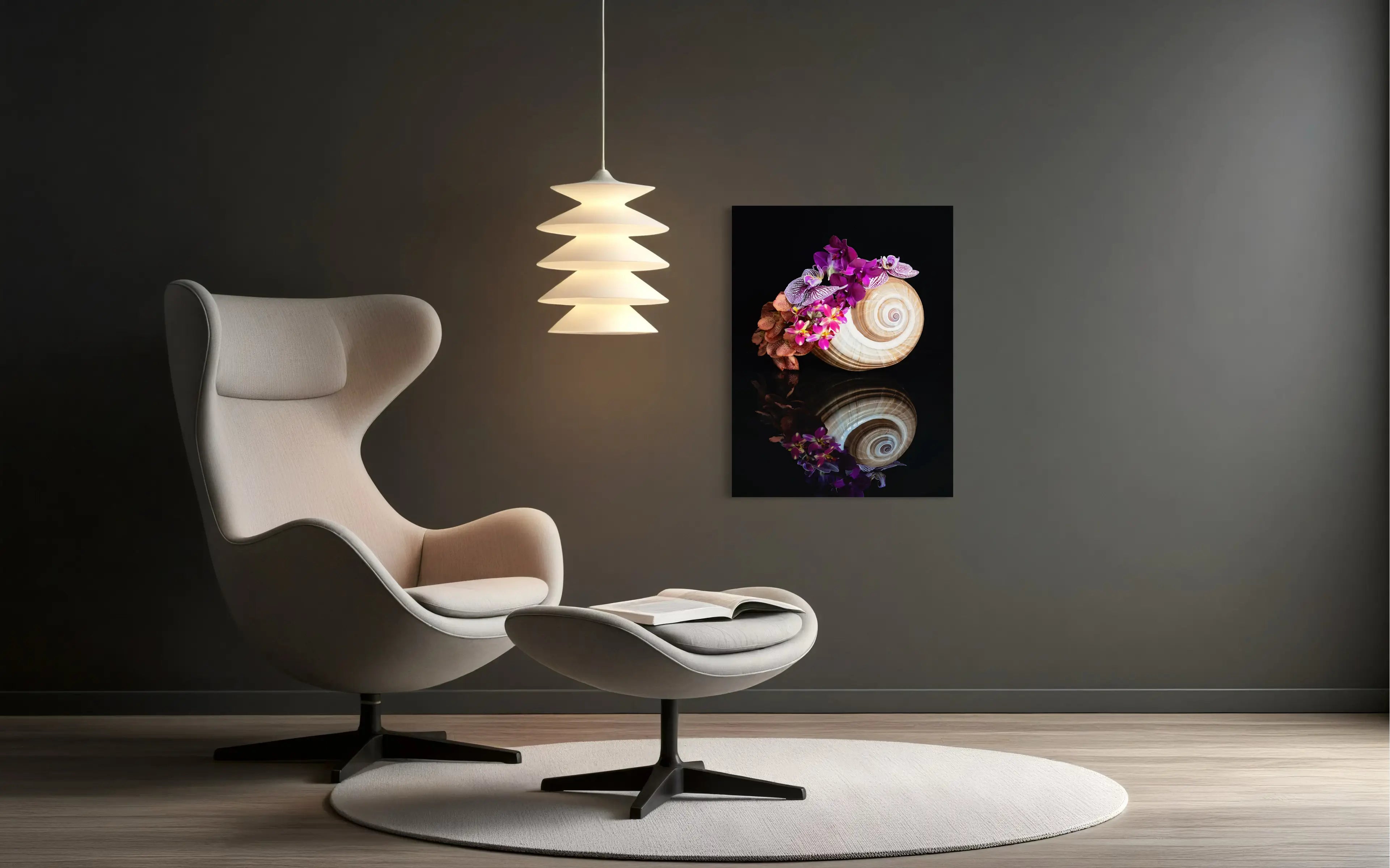 Coastal Orchid Seashell Glass Print with vibrant orchids and seashell on black background- sitting area