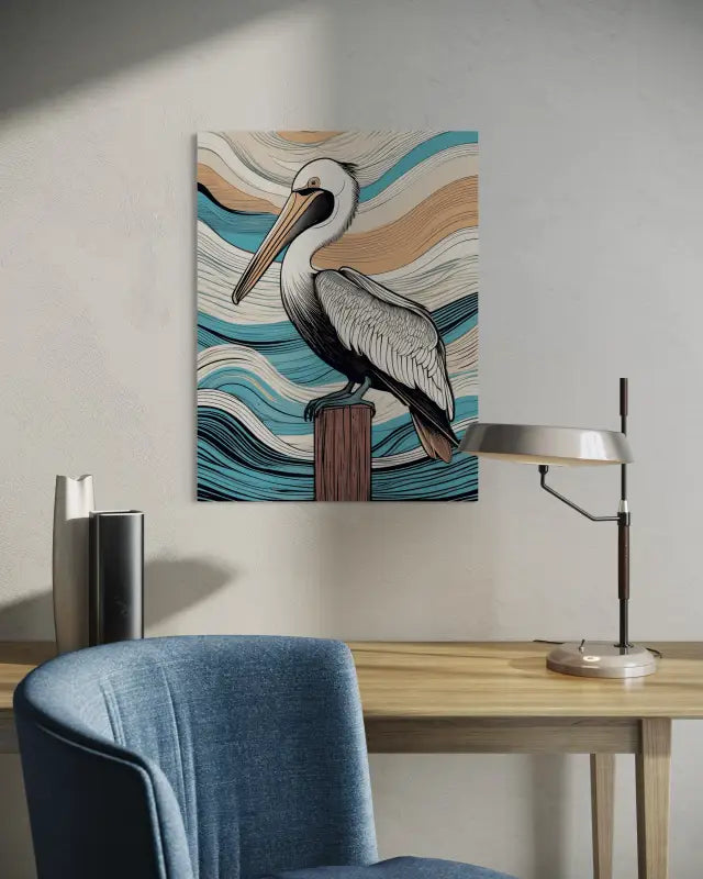 Pelican on post with wavy coastal glass art, from Echoes of the Sea, above a desk