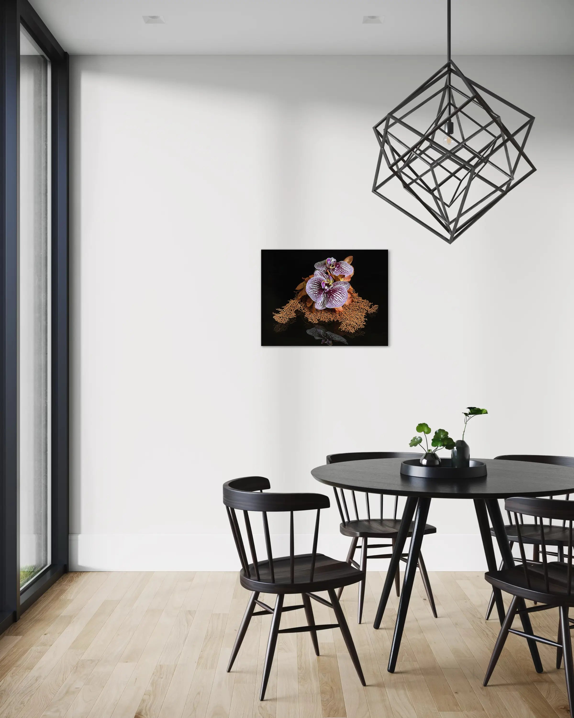 Eco-friendly Coastal Sea Fan Orchid Glass Print with vibrant orchids on a delicate sea fan, kitchen decor