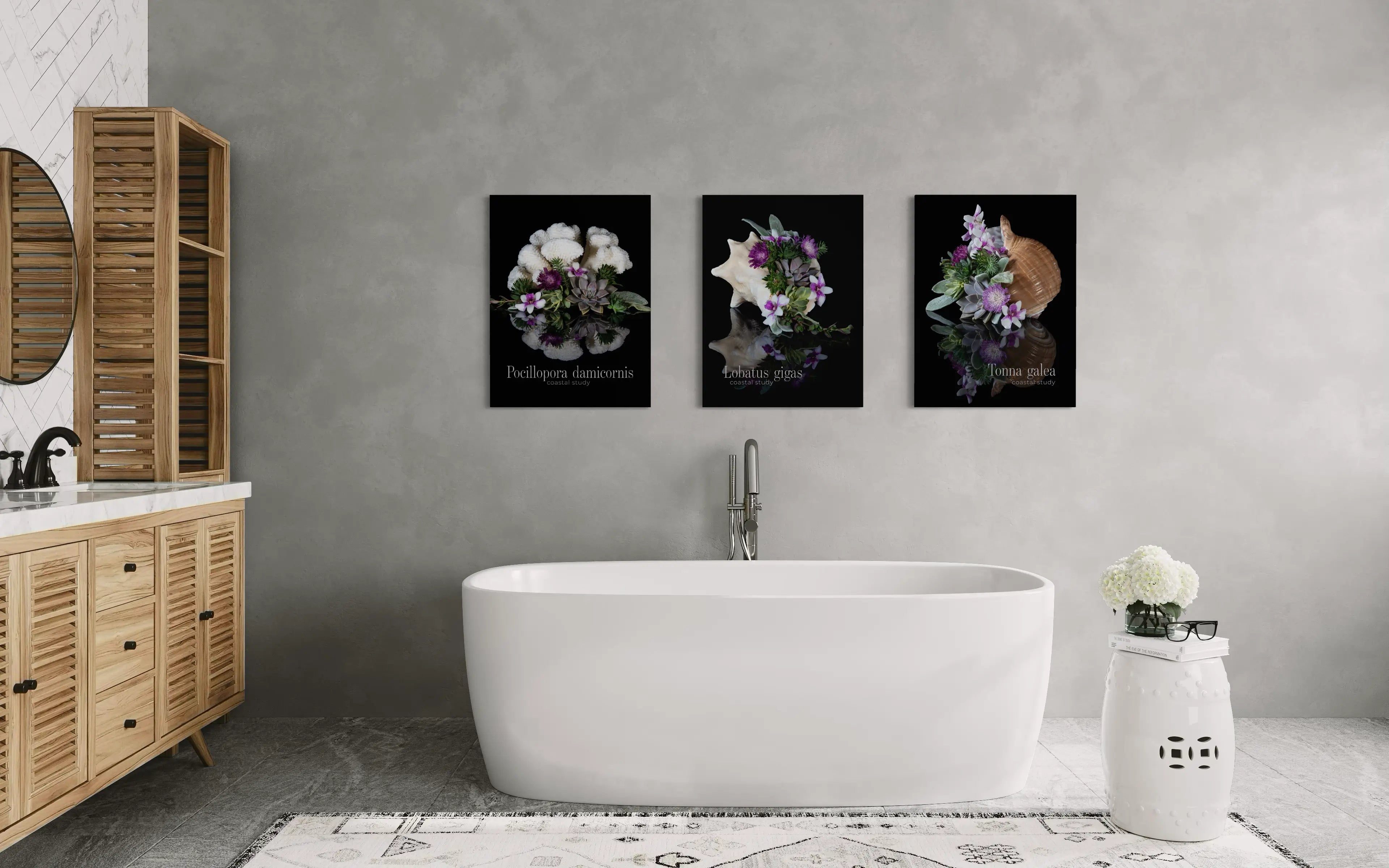 Coastal glass wall art trio above bathtub featuring coral and shell botanical prints
