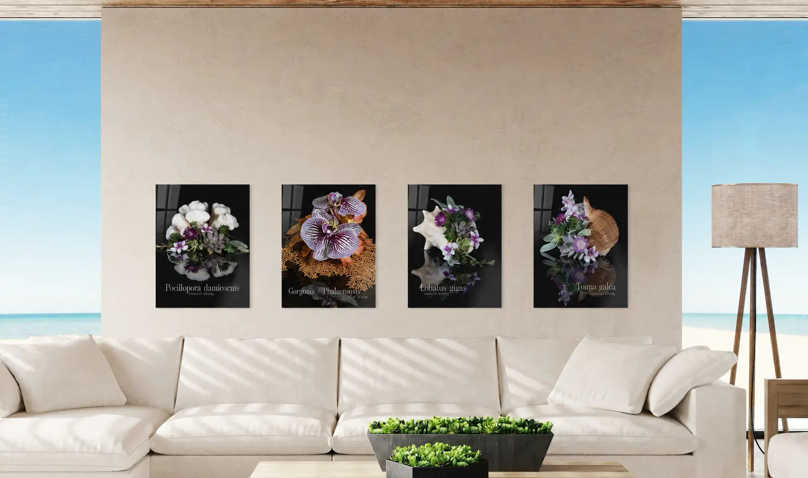 Coastal glass shell and botanical poster gallery wall in a neutral coastal living room