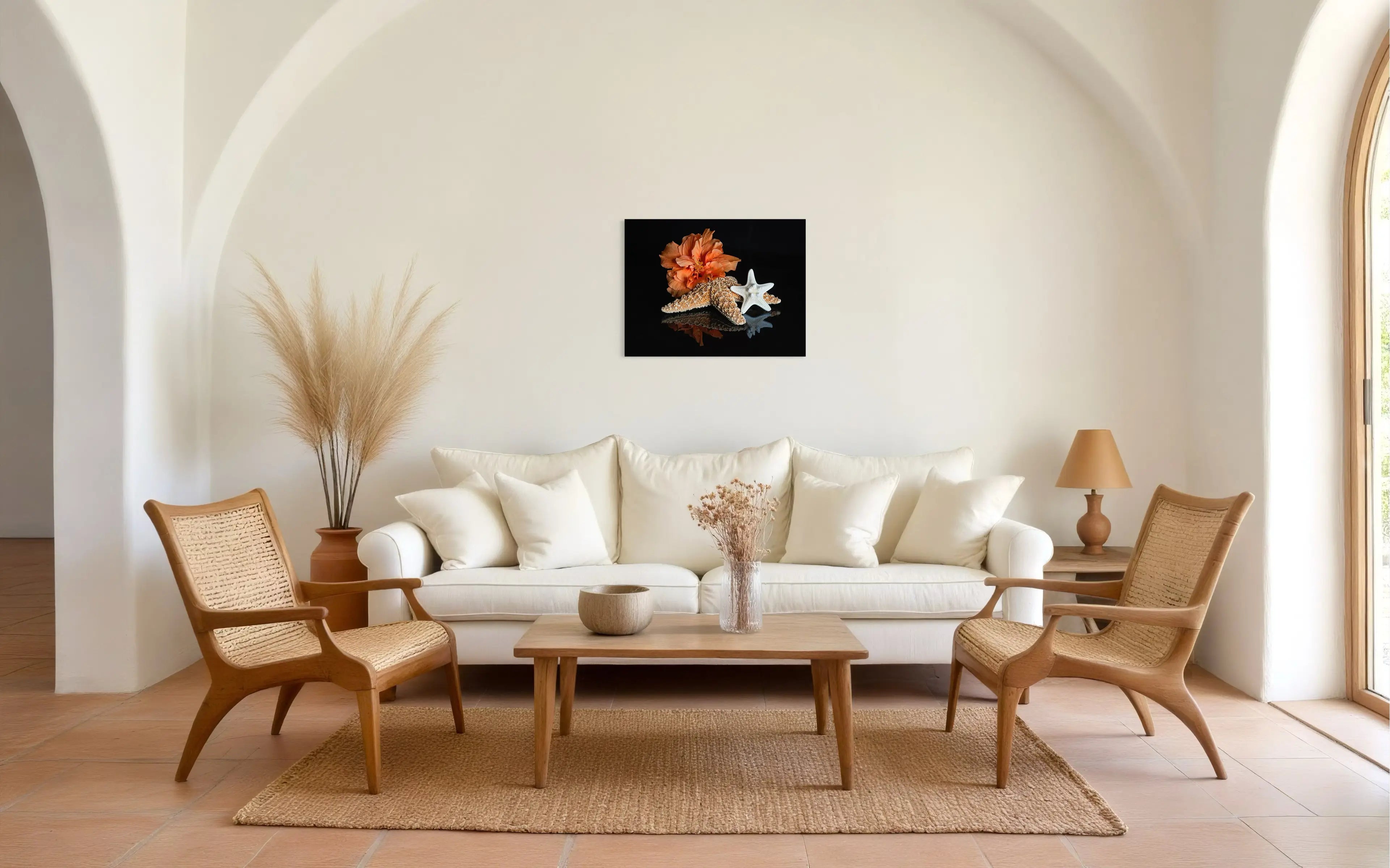 Coastal Starfish Hibiscus Glass Print with vibrant hibiscus and starfish on black background, coastal living room decor