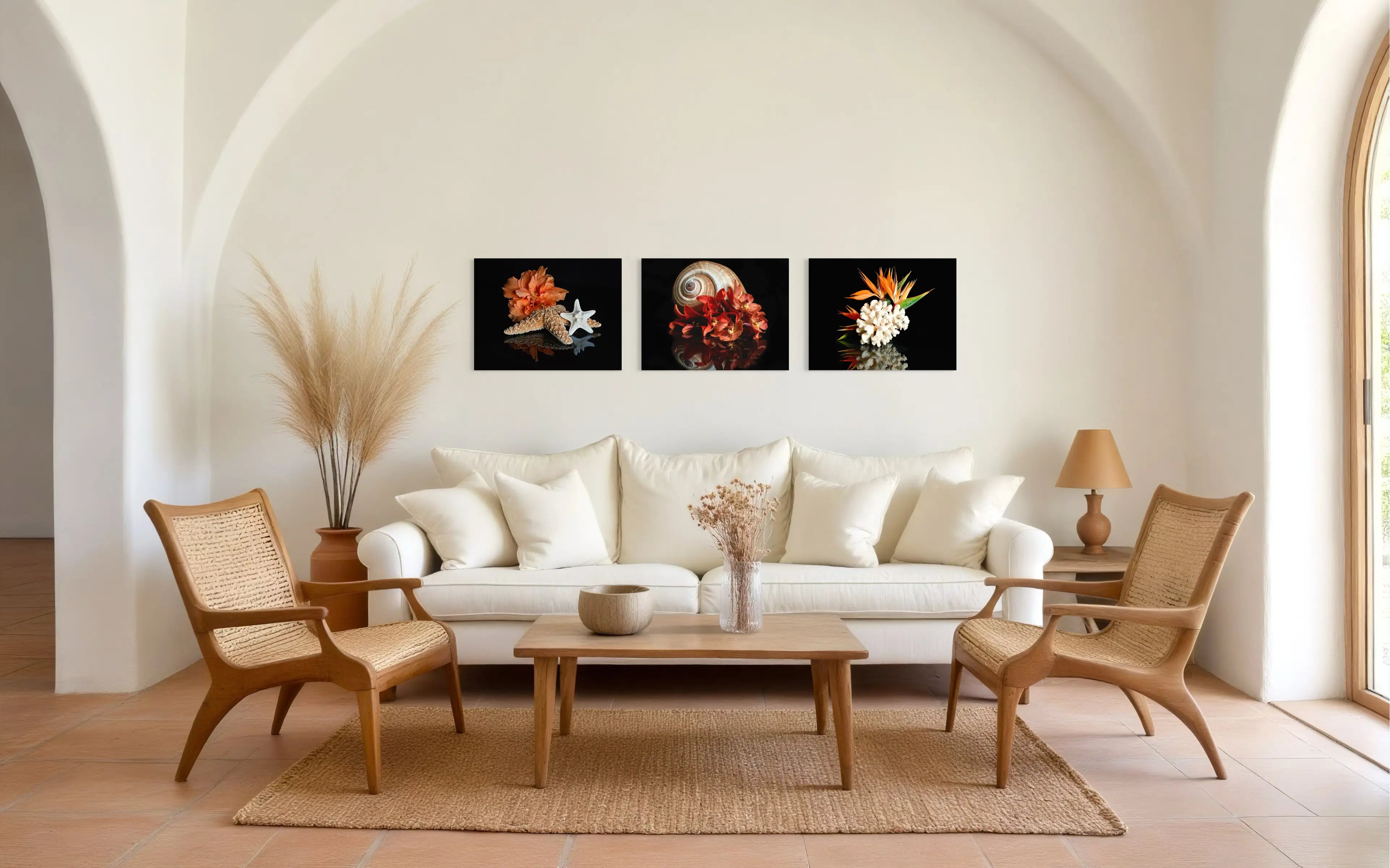 Coastal Starfish Hibiscus Glass Print with vibrant hibiscus and starfish on black background with 2 matching prints