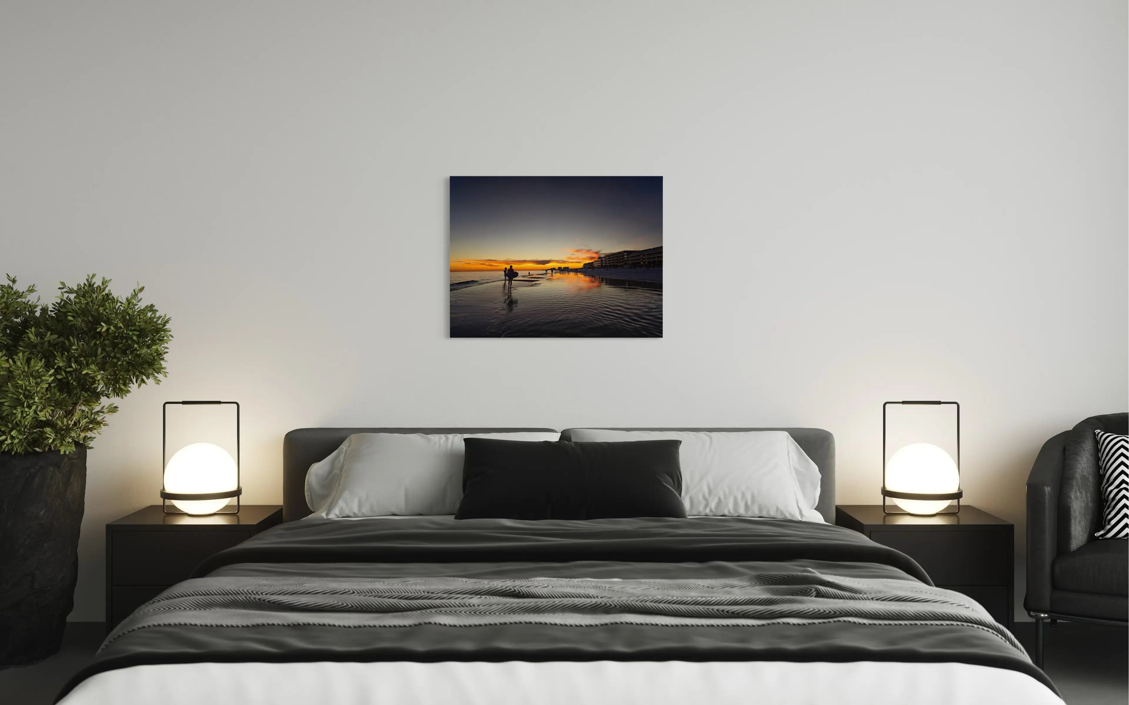 Coastal Glass Print of Miramar Beach sunset with beachgoers, coastal wall art, coastal bedroom decor