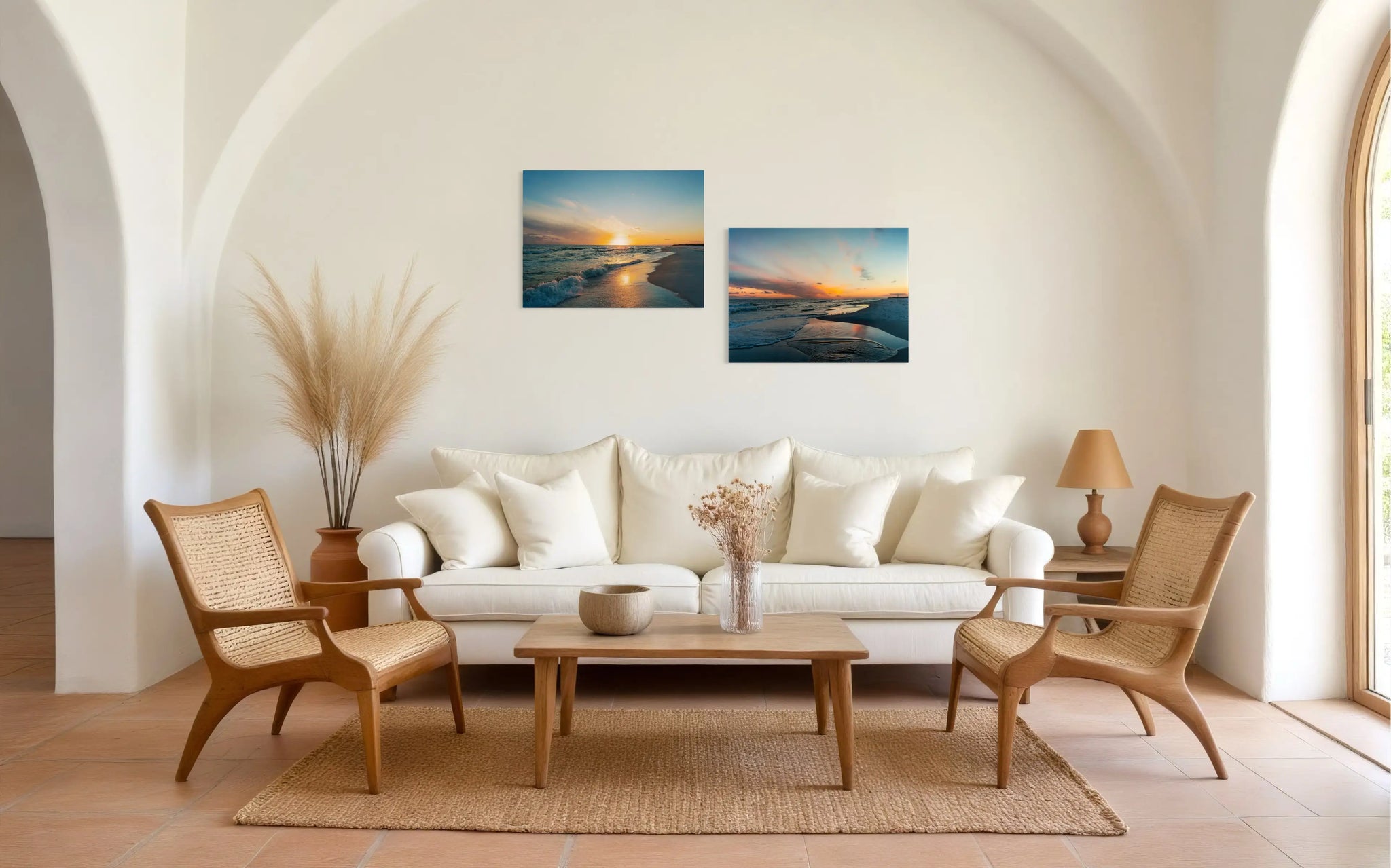 Princess Beach sunset luxury coastal glass print pictured with another Echoes glass print.