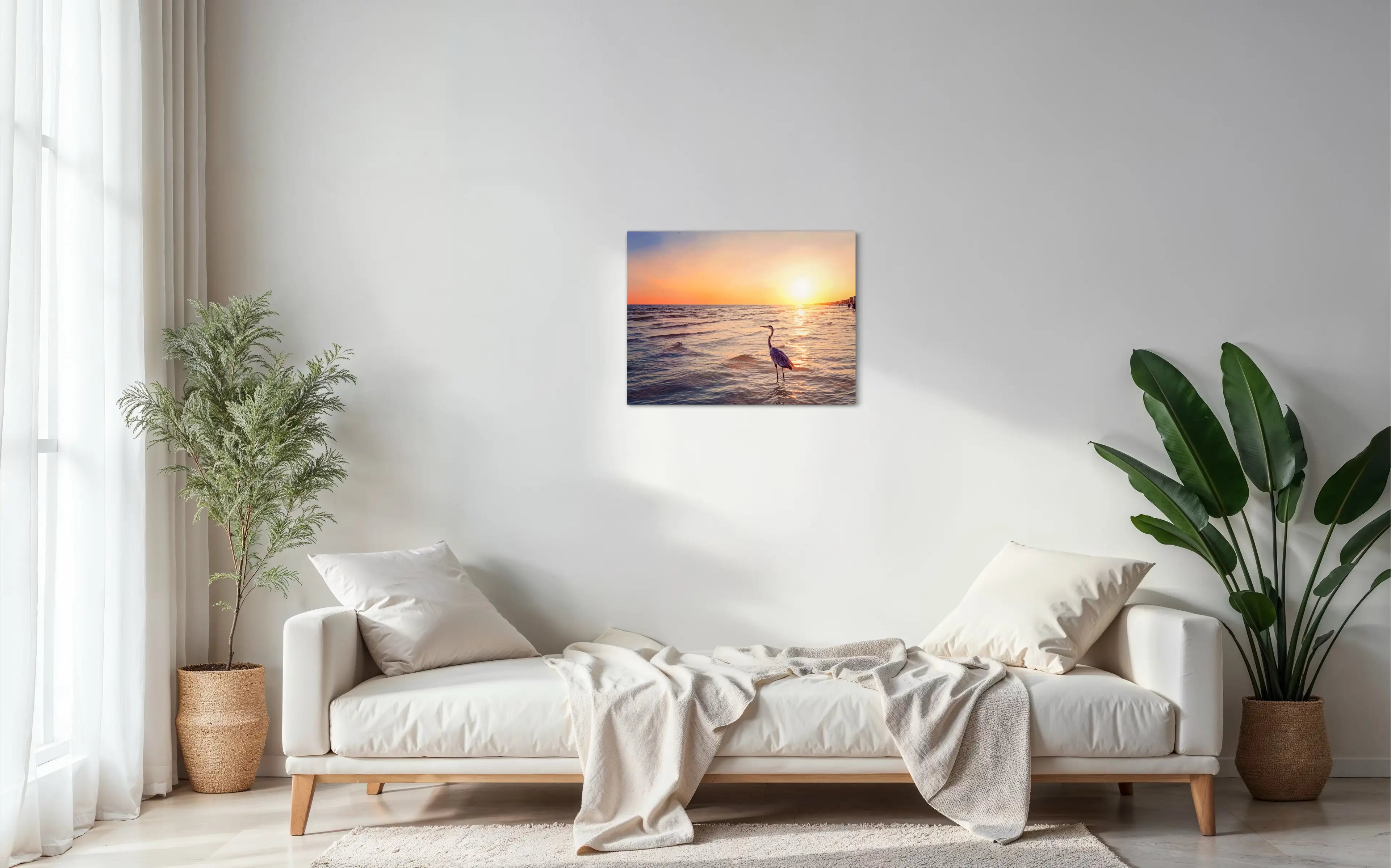 Coastal sunset glass print of a heron standing in the waters of Okaloosa Island, living room
