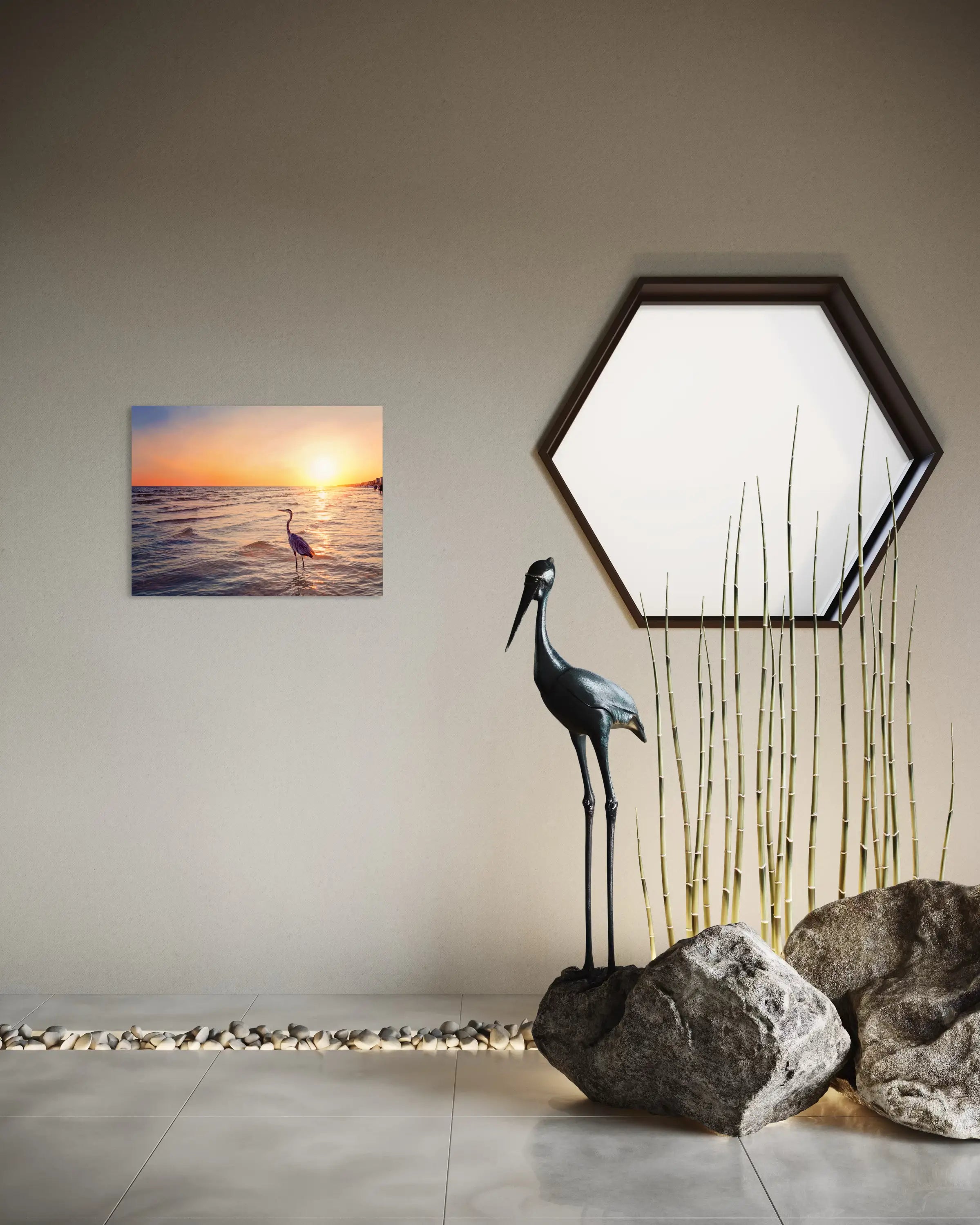 Coastal sunset glass print of a heron standing in the waters of Okaloosa Island, entryway