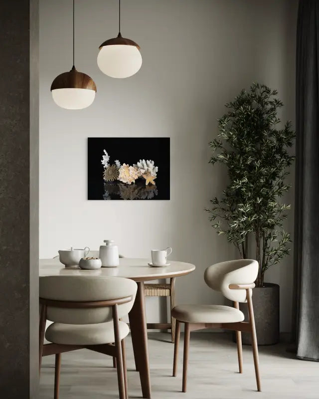 Coastal Treasures Glass Print with marine life on reflective black background, Echoes of the Sea-dining room