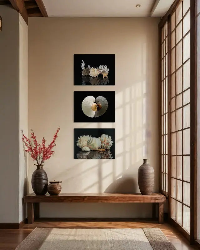 Coastal Treasures Glass Print with marine life on reflective black background, Echoes of the Sea -wall gallery