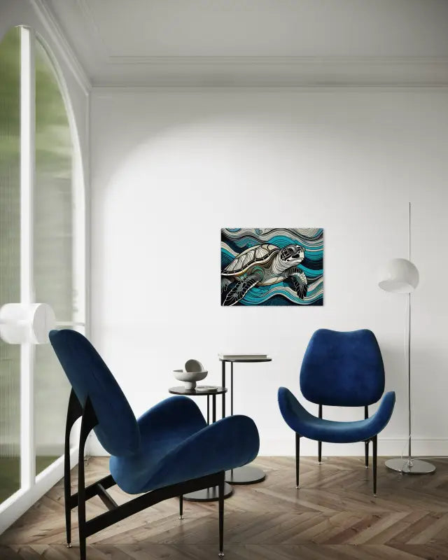 Glass print of a colorful sea turtle in line art style with blue and turquoise waves-coastal sitting area